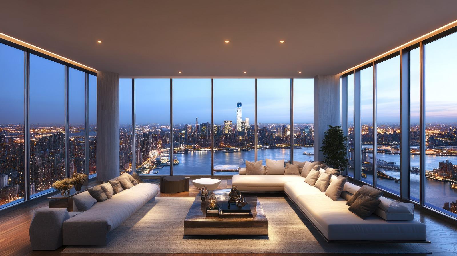 Corner penthouse living room with wraparound floor-to-ceiling windows overlooking the Manhattan and East River skyline at dusk