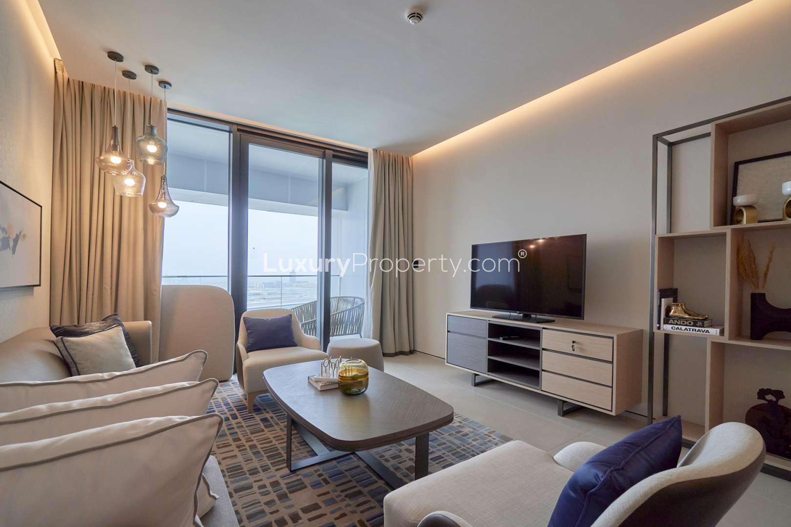 Fully furnished living room with sea view in Jumeirah Beach Residence apartment for rent