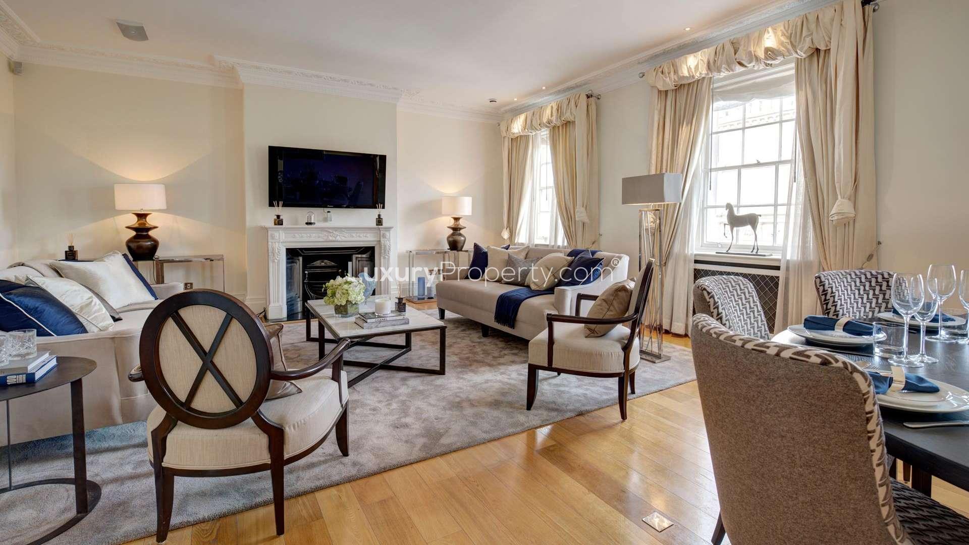 Luxurious living room in Eaton Square penthouse, Belgravia, with elegant decor and natural light