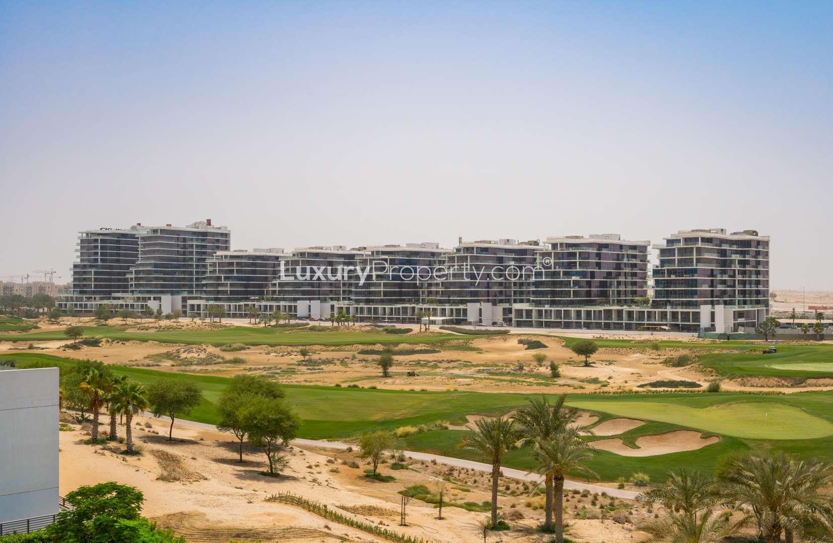 Golf course view of mansion plots for sale in The Range, Damac Hills