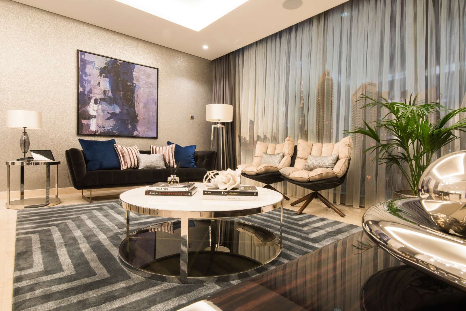 Luxurious bedroom in three-bedroom apartment at The Sterling, Business Bay, with city views