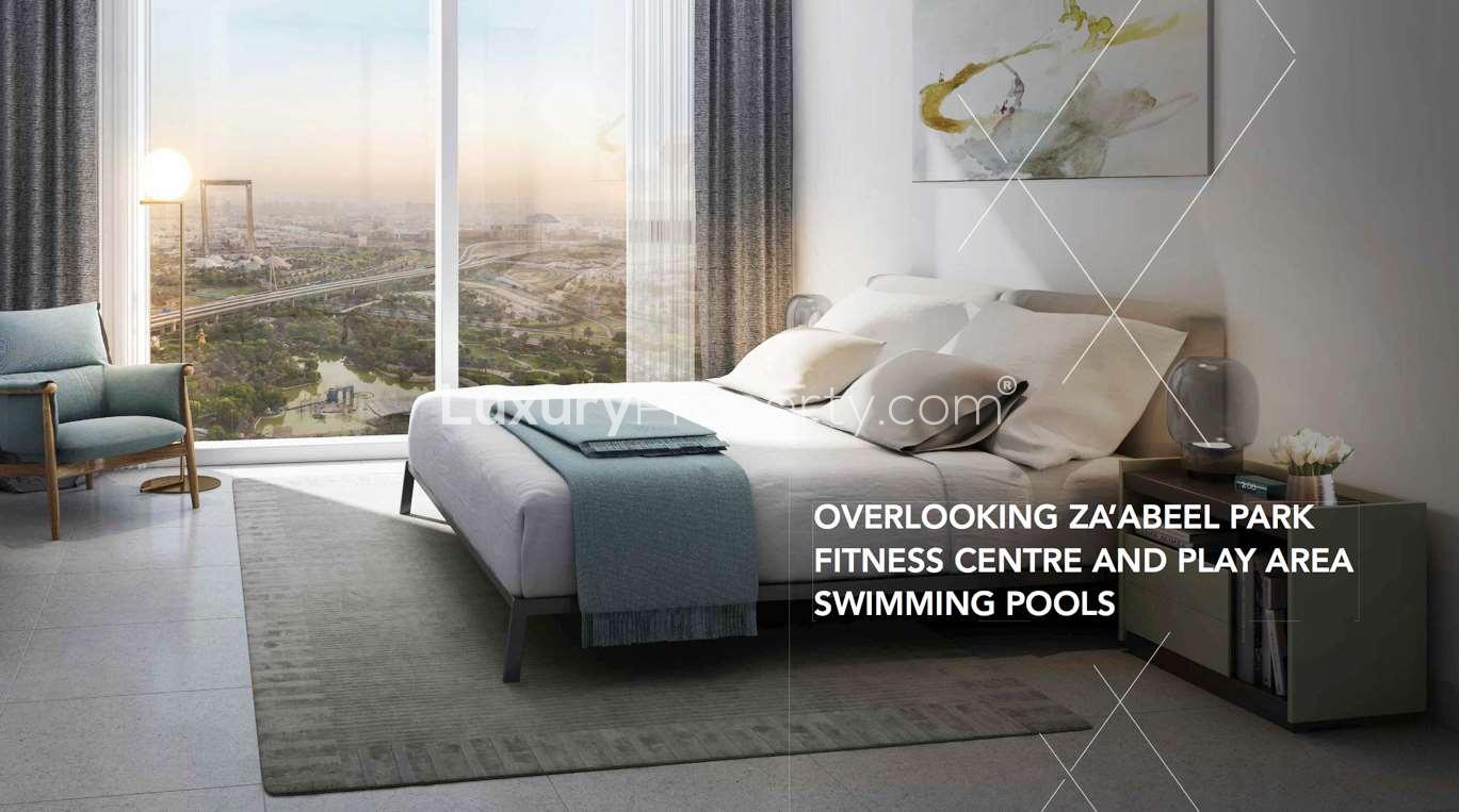 Aerial view of Vida Zaabeel luxury apartments, Zabeel community, Dubai skyline in background