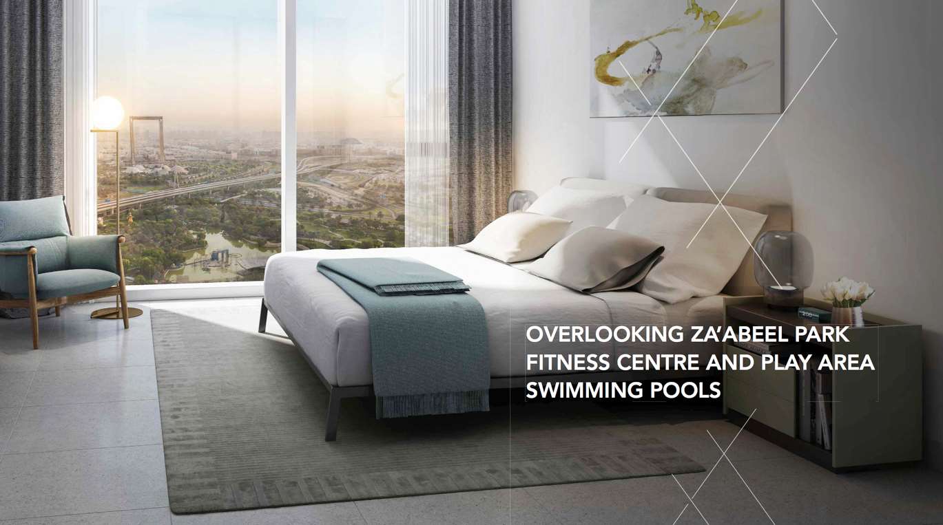 Aerial view of Vida Zaabeel luxury apartments, Zabeel community, Dubai skyline in background