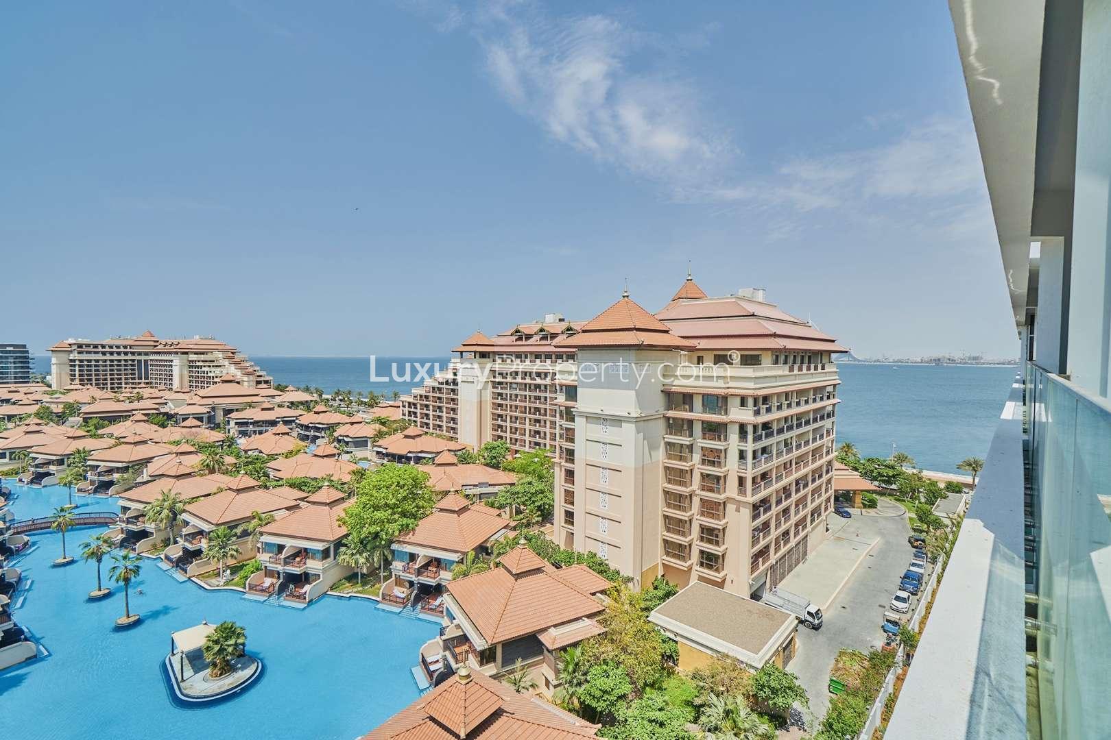 Luxury apartment exterior at Azizi Mina, Palm Jumeirah, showcasing modern architecture and design