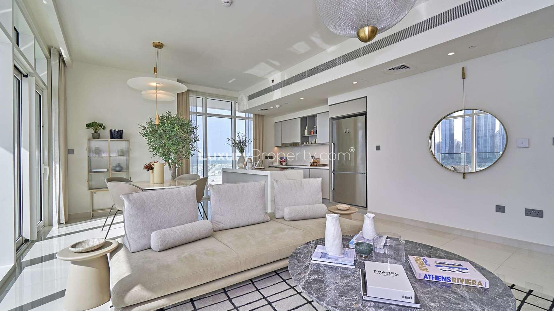 Modern living room with panoramic windows in two-bedroom apartment, Sunrise Bay, Emaar Beachfront, Dubai