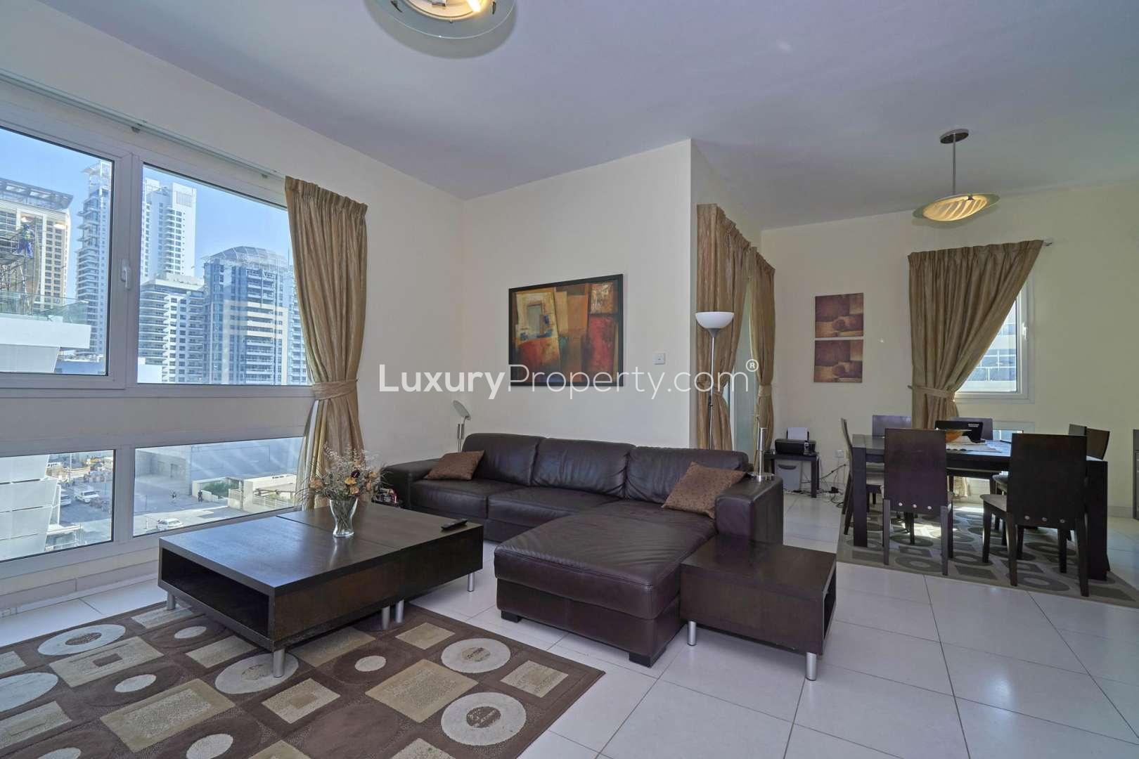 Fully furnished living room in 2-bedroom apartment, Marina Sail, Dubai Marina for rent
