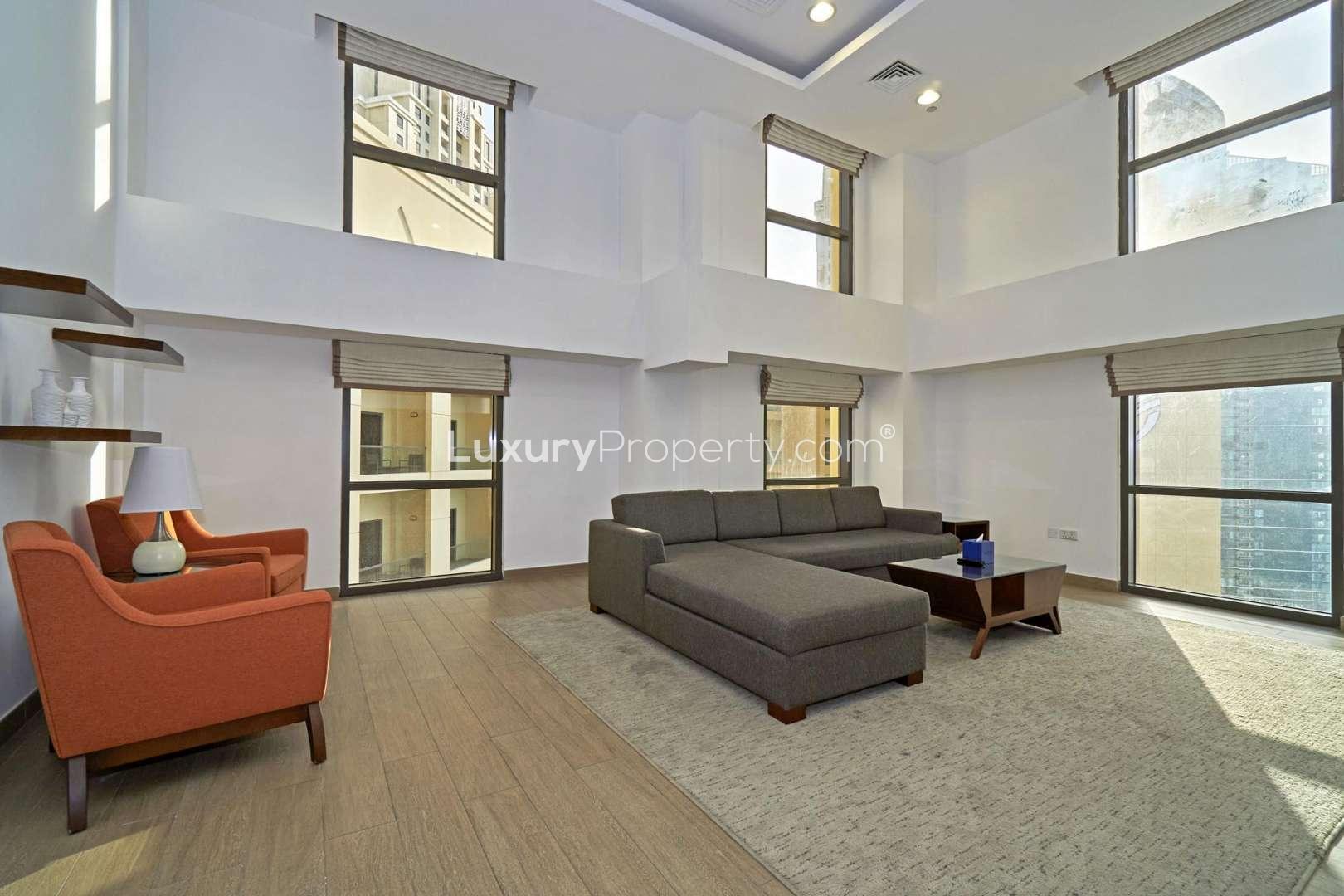 Stylish loft apartment interior, modern dining and kitchen area, Roda Amwaj Towers Jumeirah Beach