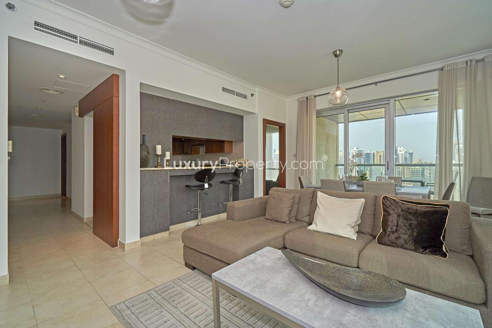 Aerial view of The Fairways apartments and marina in The Views community, Dubai