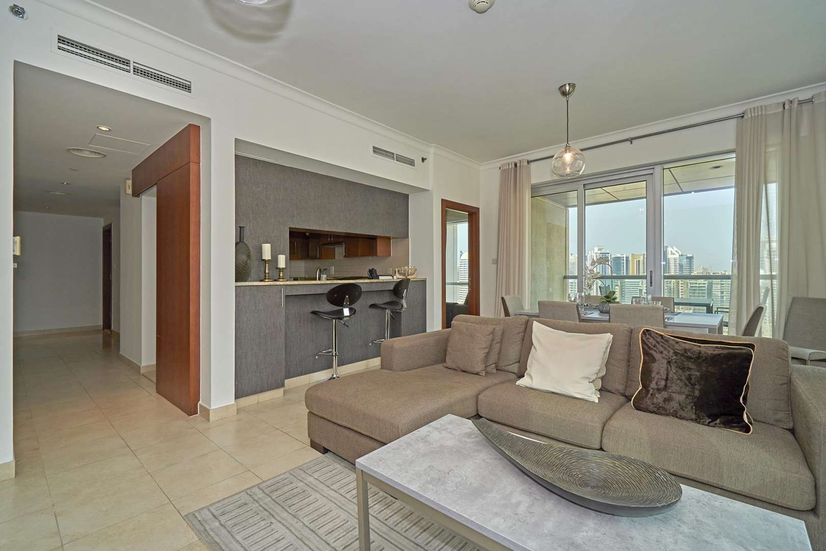 Aerial view of The Fairways apartments and marina in The Views community, Dubai