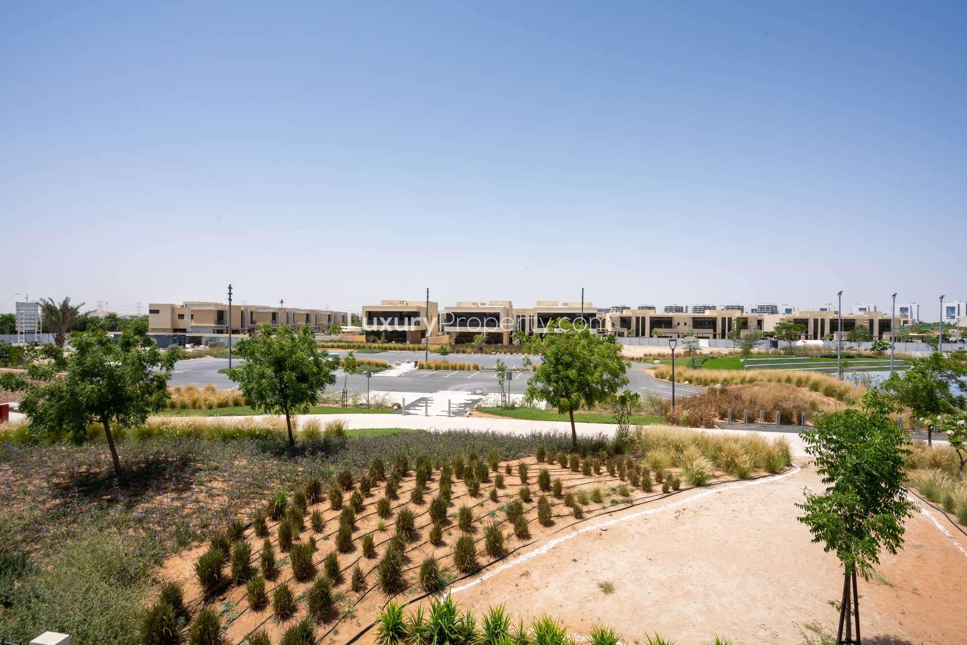 Exterior view of 5-bedroom villa with park view in Richmond, Damac Hills