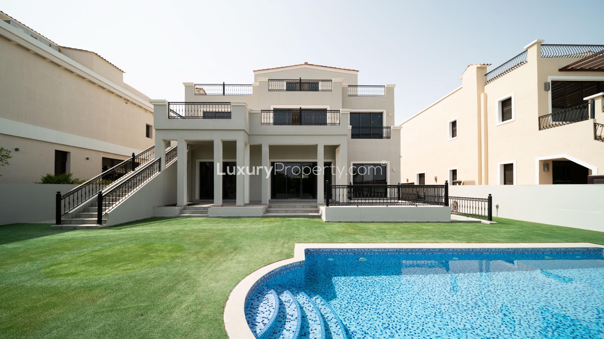 Wildflower Villa exterior with private pool, located in Jumeirah Golf Estates, Earth community