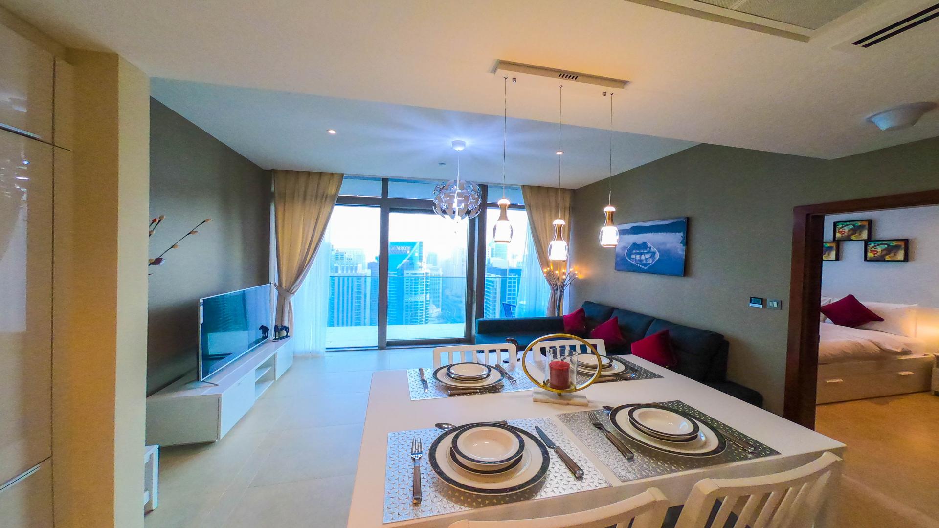 Luxury furnished living room in Marina Gate apartment with marina view, Dubai Marina