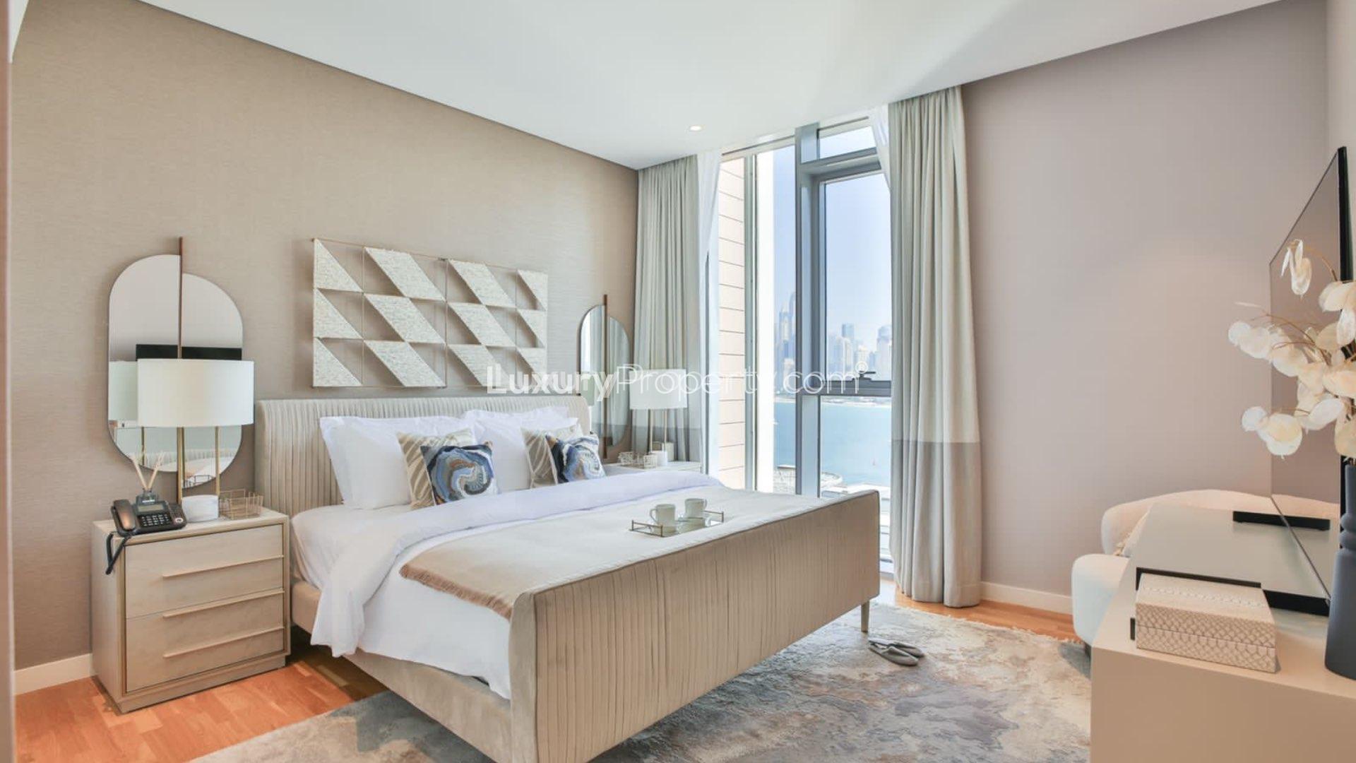 Aerial view of Bluewaters Island, showcasing modern architecture and city skyline backdrop