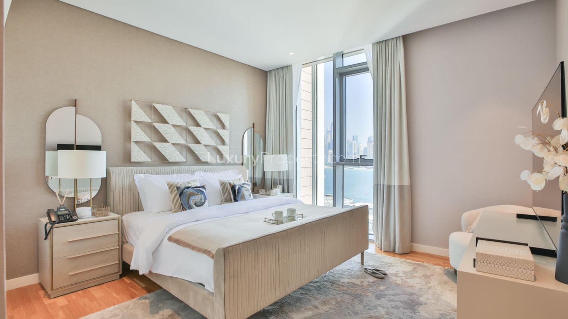 Aerial view of Bluewaters Island, showcasing modern architecture and city skyline backdrop