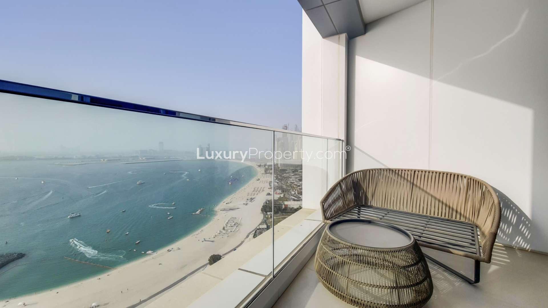 "Modern living room in beachfront apartment, sea view, Jumeirah Beach Residence, The Address Resort.",Serviced beachfront apartment balcony with stunning full sea view at Jumeirah Beach Residence