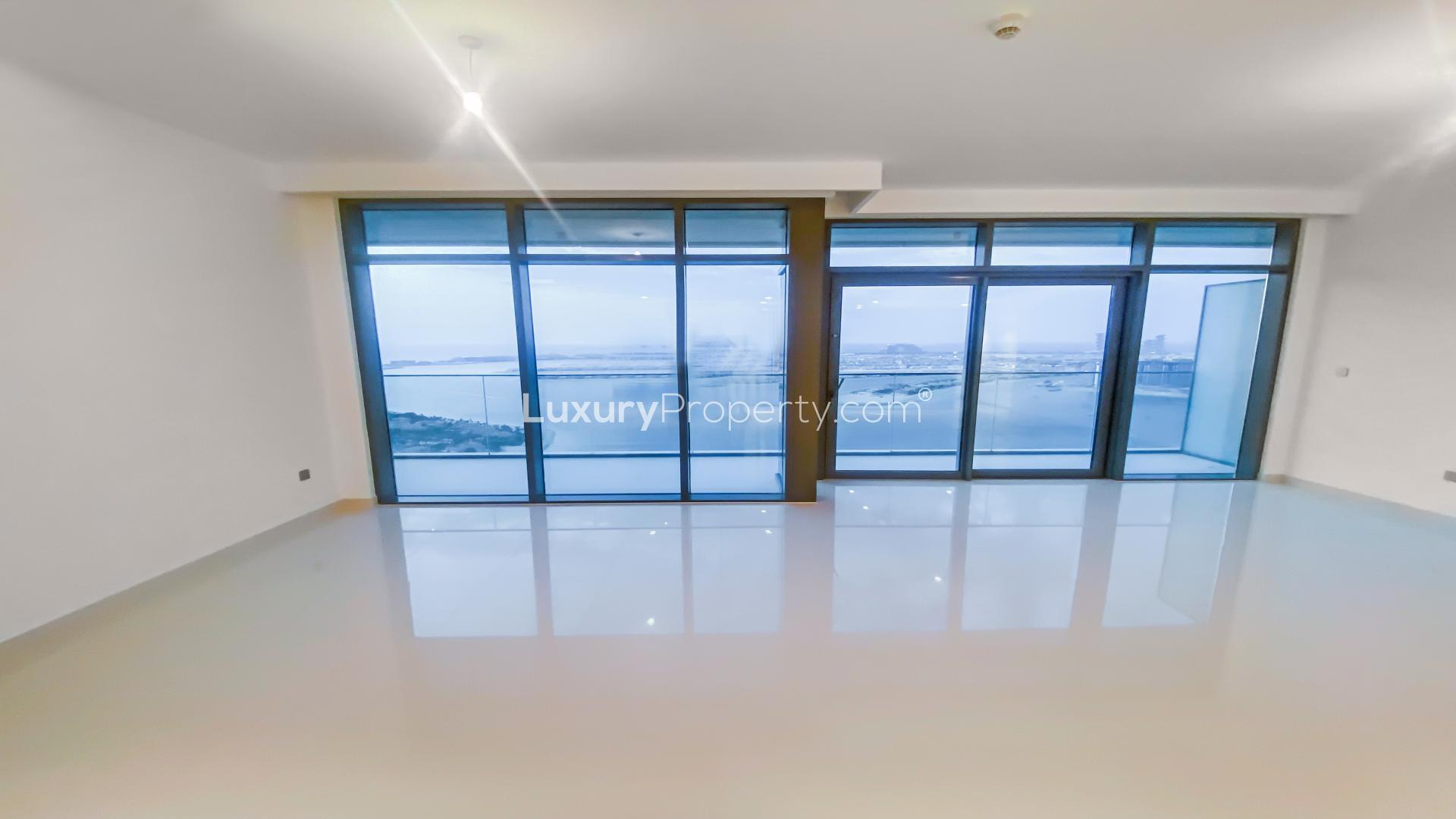 Balcony view of Dubai Harbour and sea from Emaar Beachfront apartment for rent