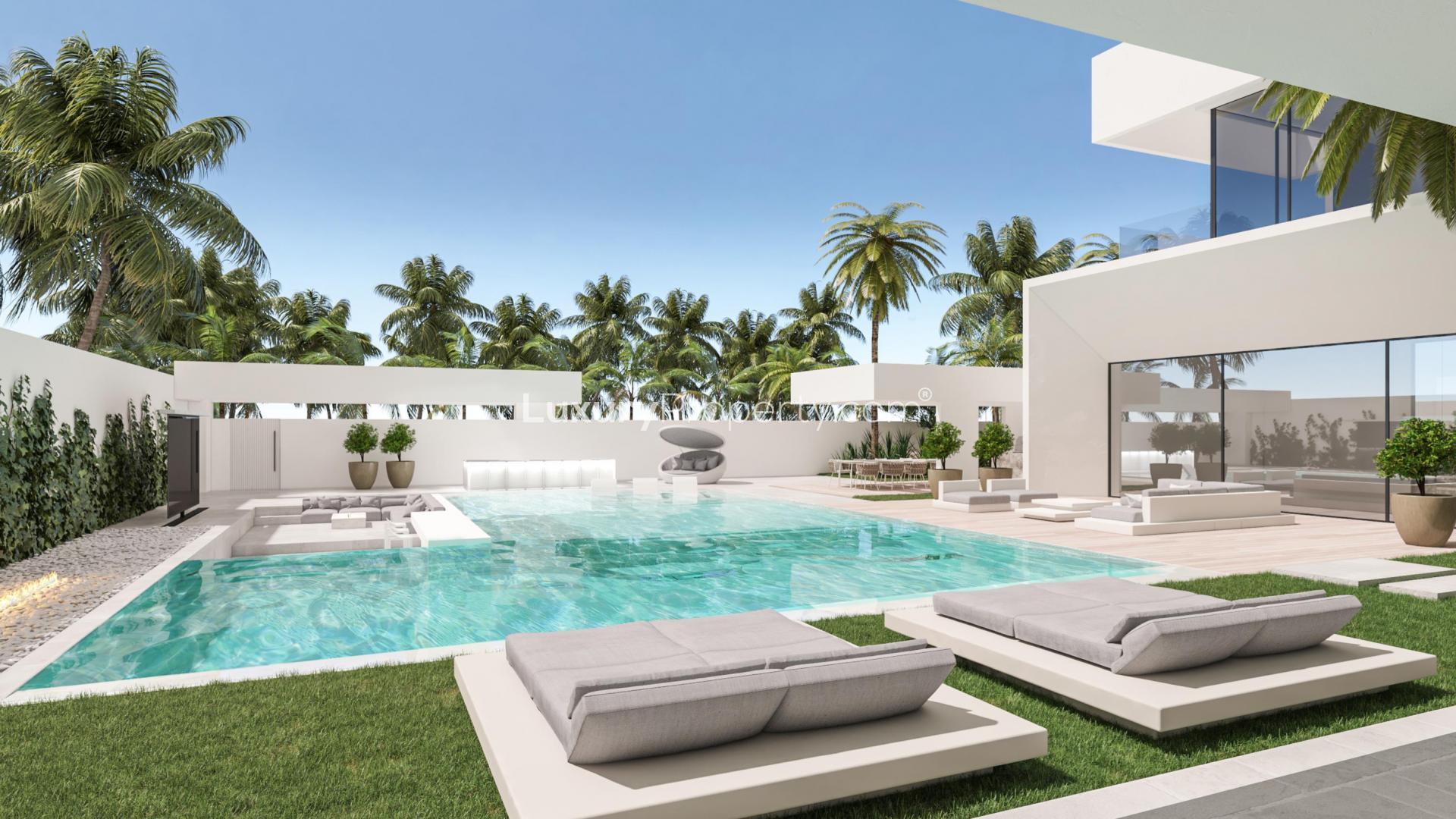 Spectacular custom-built villa exterior with modern design in Dubai Hills Estate, lush landscaping