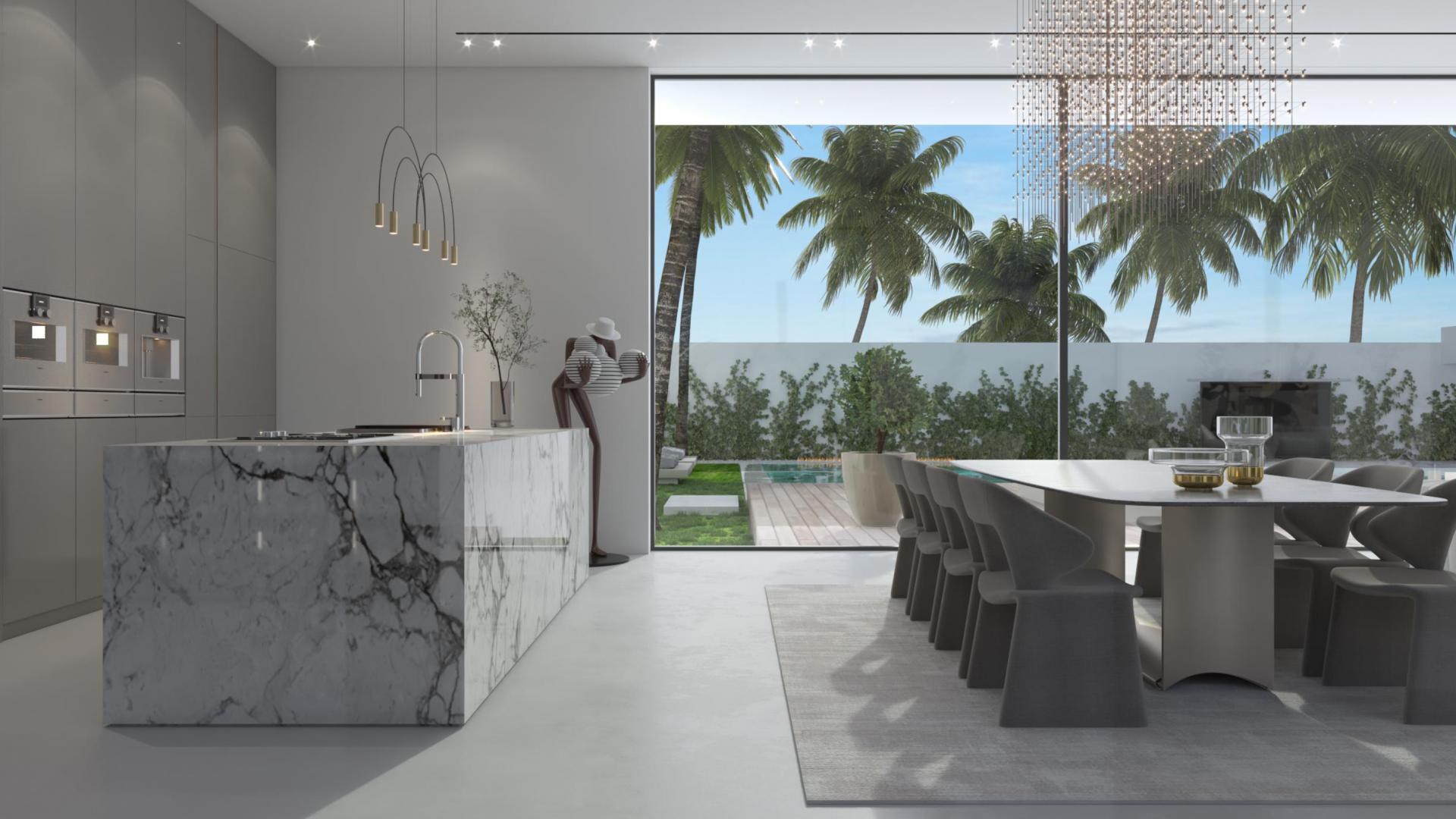 Luxurious villa pool area in Dubai Hills Estate with modern outdoor seating and palm trees