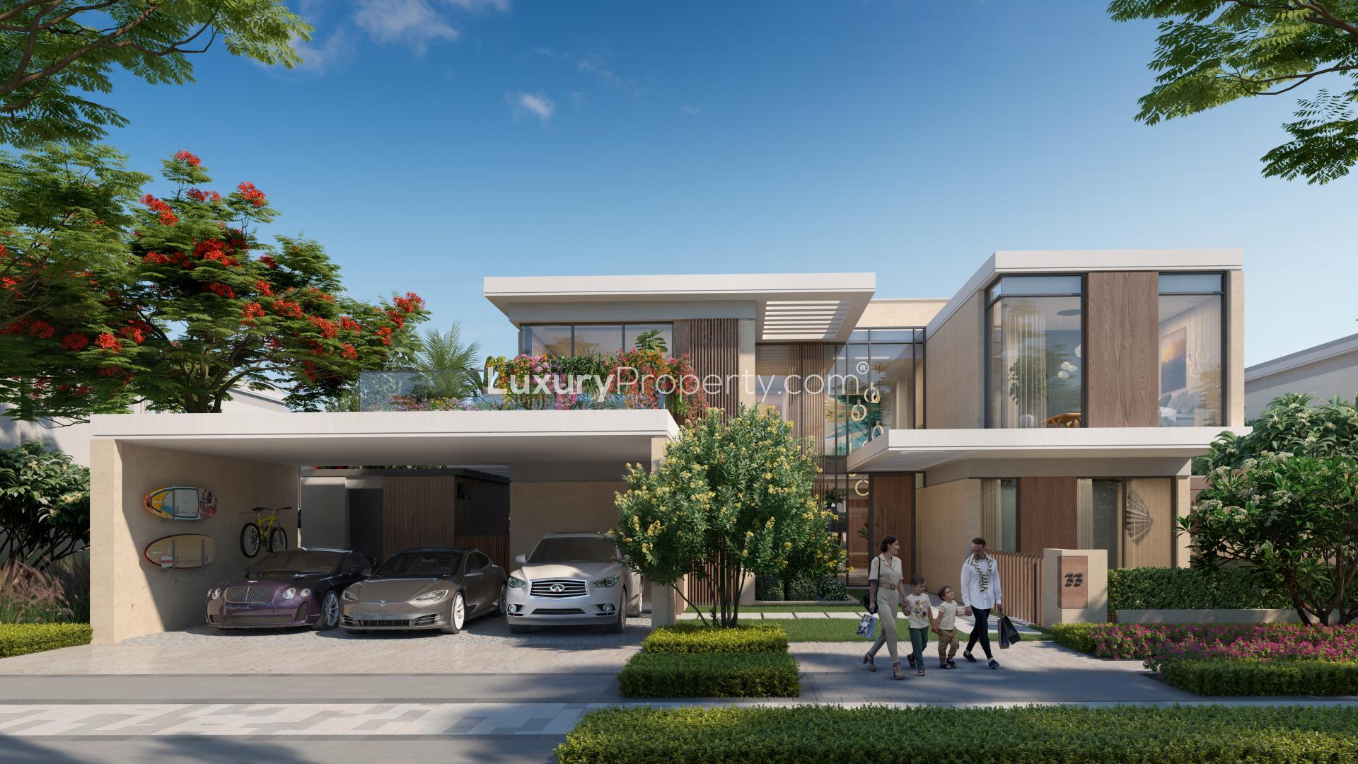 Exterior view of luxury 6-bed villa with pool in Harmony 2, Tilal Al Ghaf