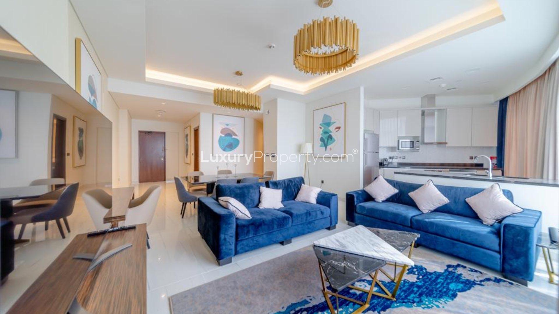 Luxury bedroom in Avani Palm View apartment, Dubai Media City, with sea view and modern decor