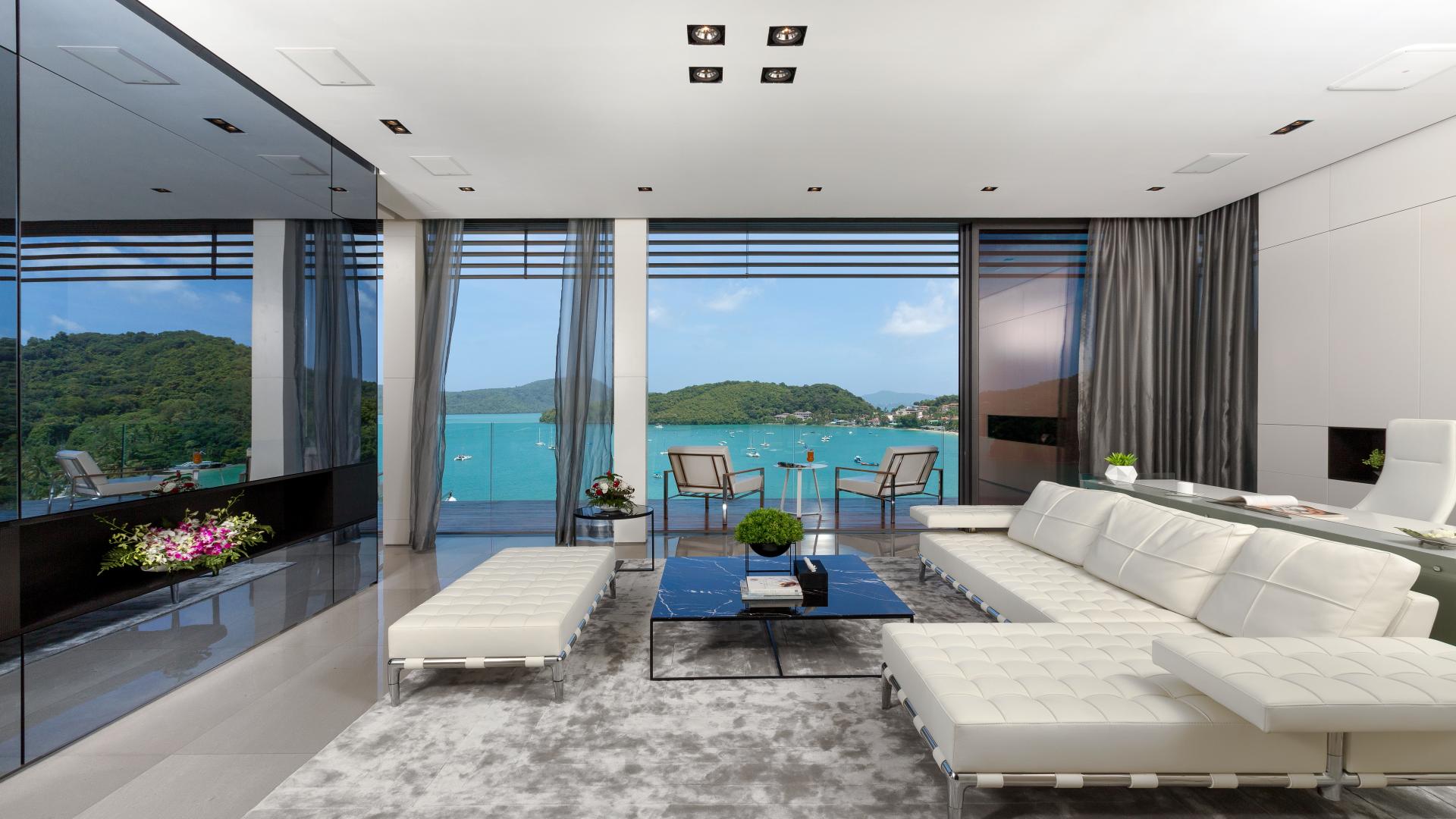 Luxurious living room with ocean view in Phuket cliff top villa, Ao Yon Bay