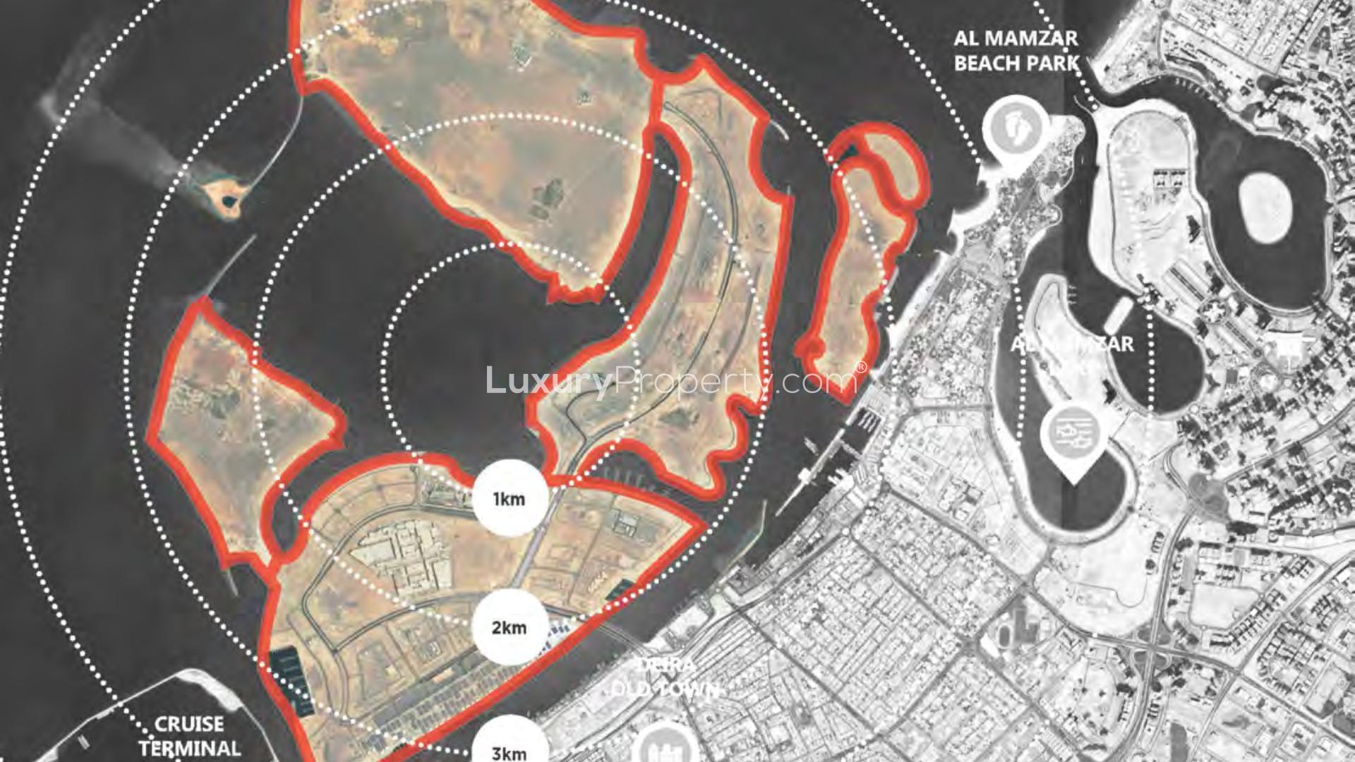 Aerial view of prime plot for luxury hotel development in Deira Island, Dubai