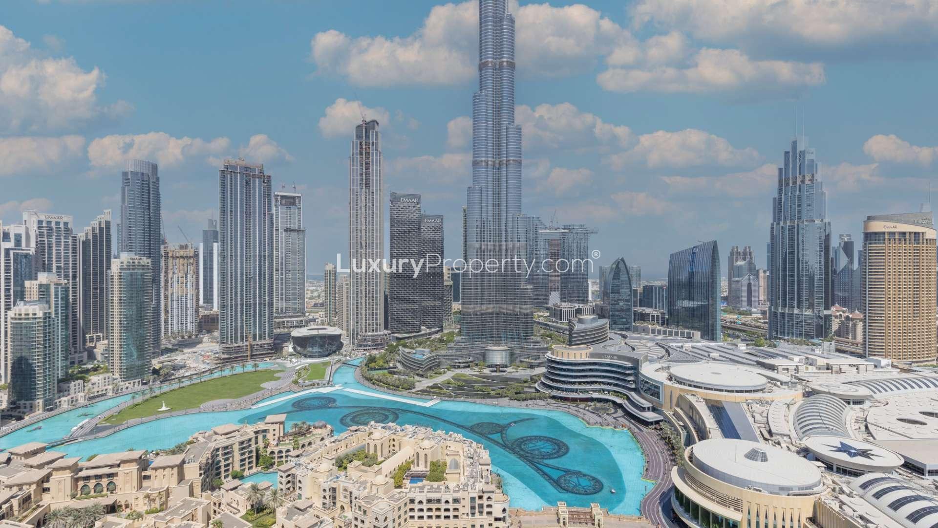 N/A,Skyline view of Downtown Dubai and Burj Khalifa near Burj Lake Hotel, The Address DownTown