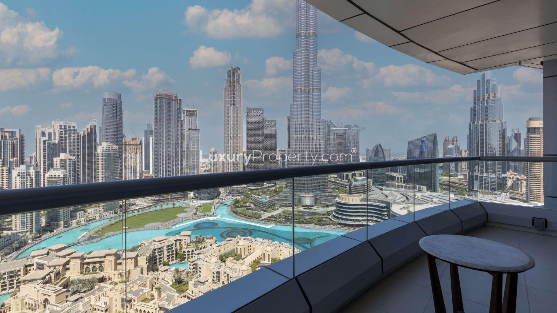 Balcony view from furnished apartment in Burj Lake Hotel, Downtown Dubai, overlooking skyline