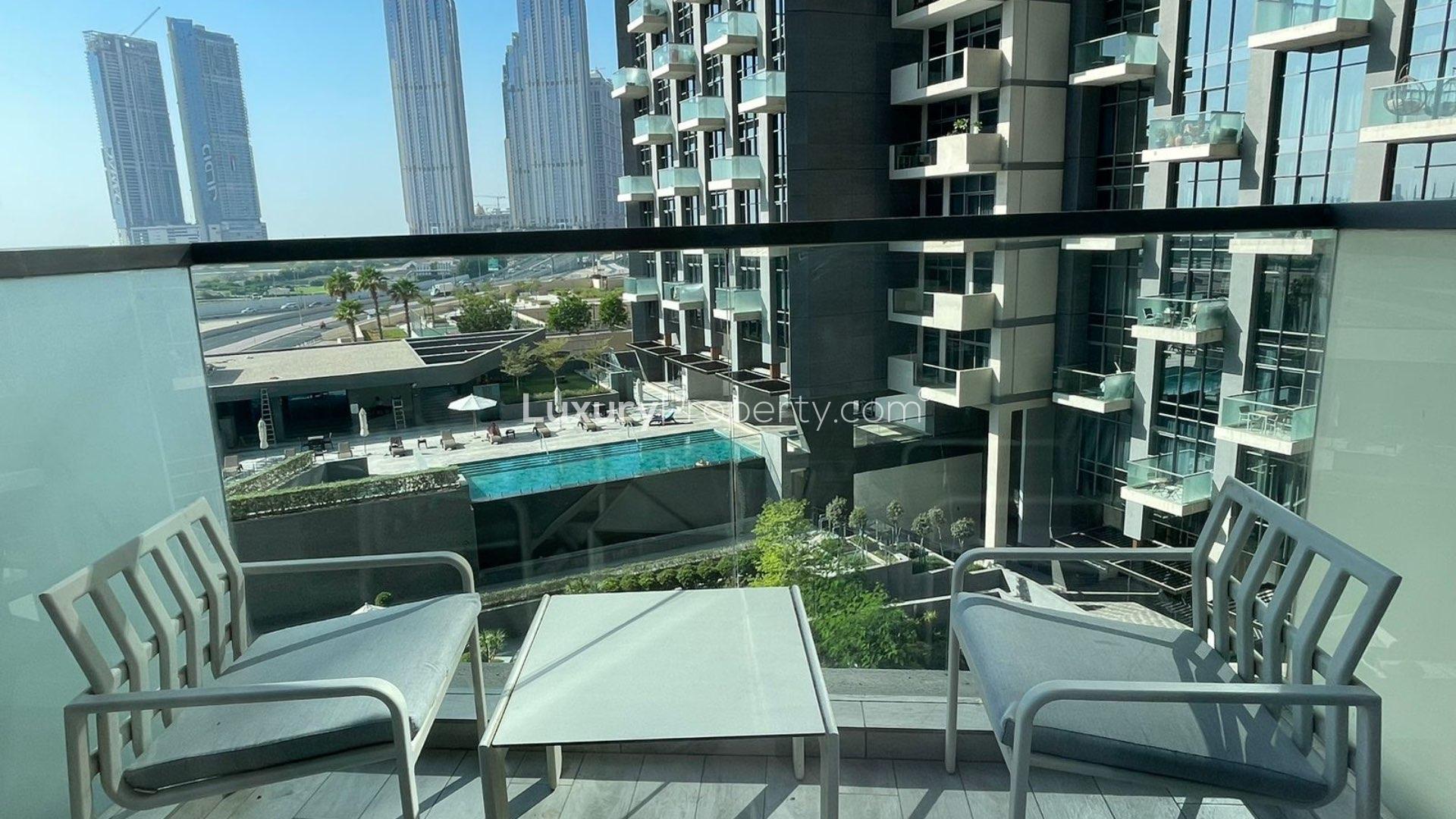 Vacant balcony view in furnished one-bedroom apartment, The Atria, Business Bay for rent