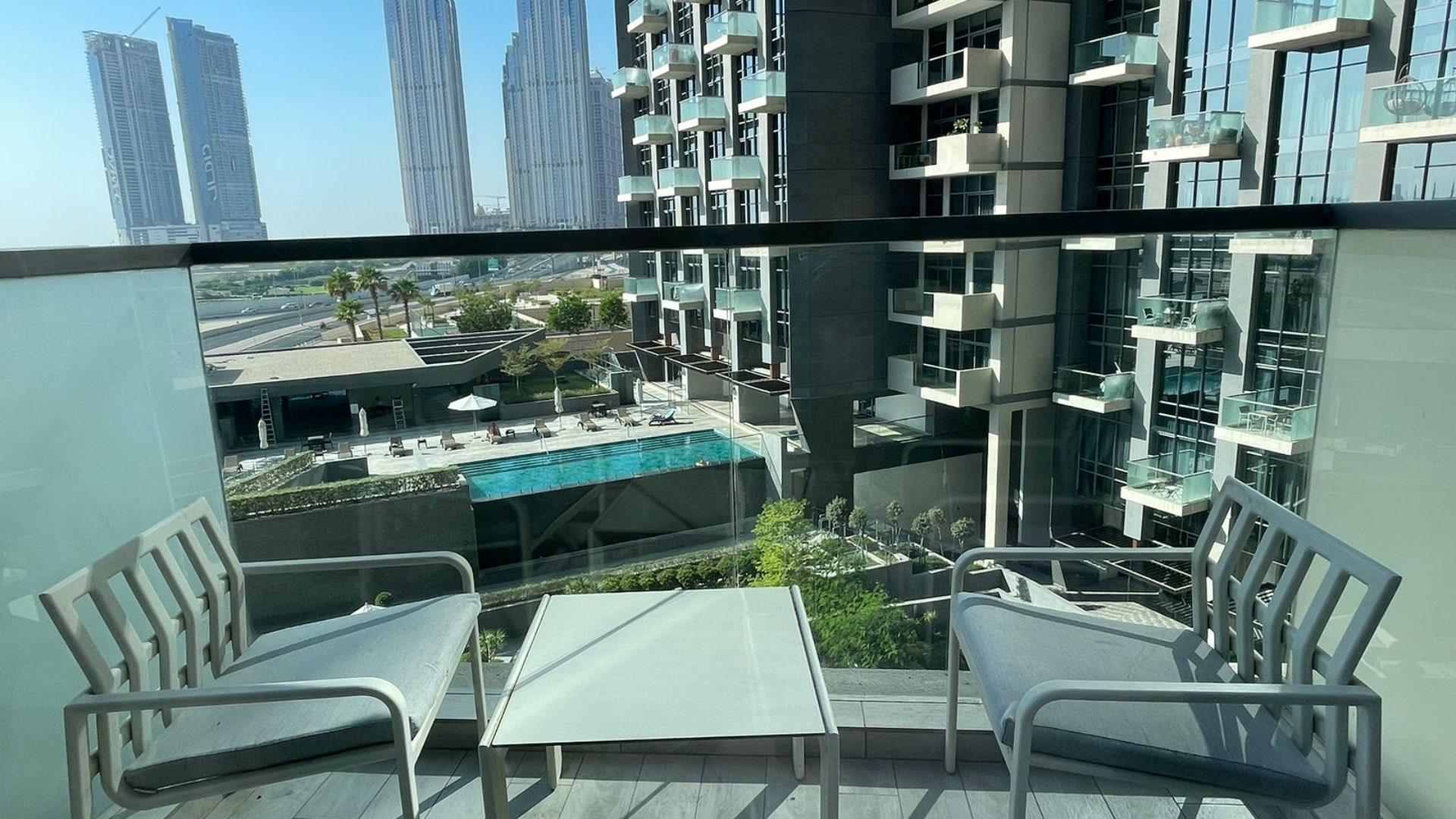 Vacant balcony view in furnished one-bedroom apartment, The Atria, Business Bay for rent