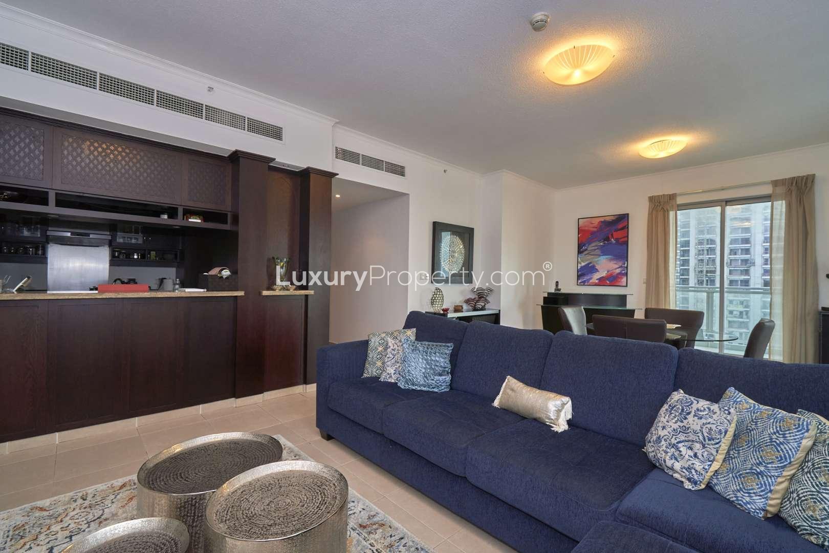 Aerial view of The Residences skyscrapers in Downtown Dubai with swimming pool and cityscape