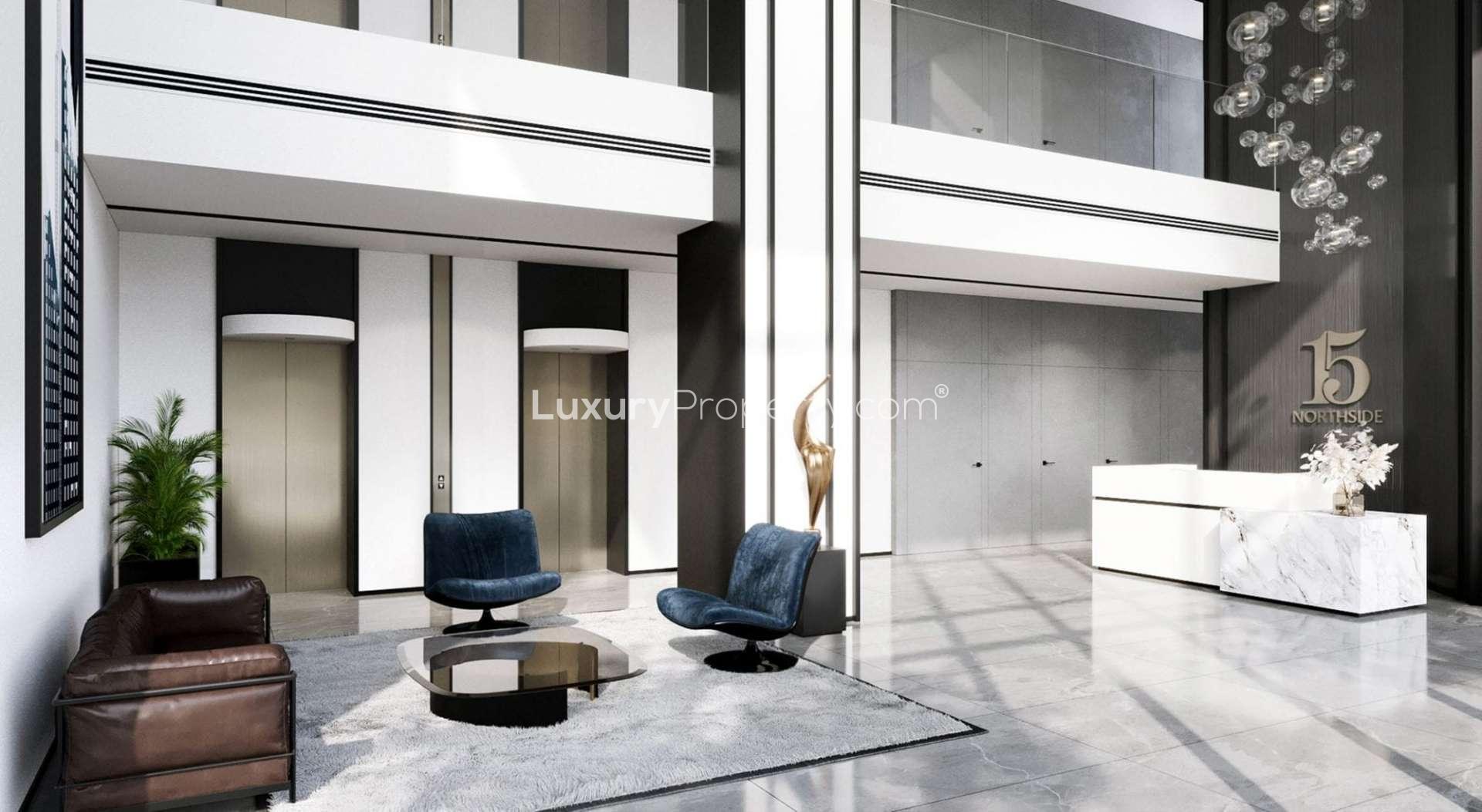 Modern lobby interior of 15 Northside, Business Bay apartment for sale, featuring elegant decor