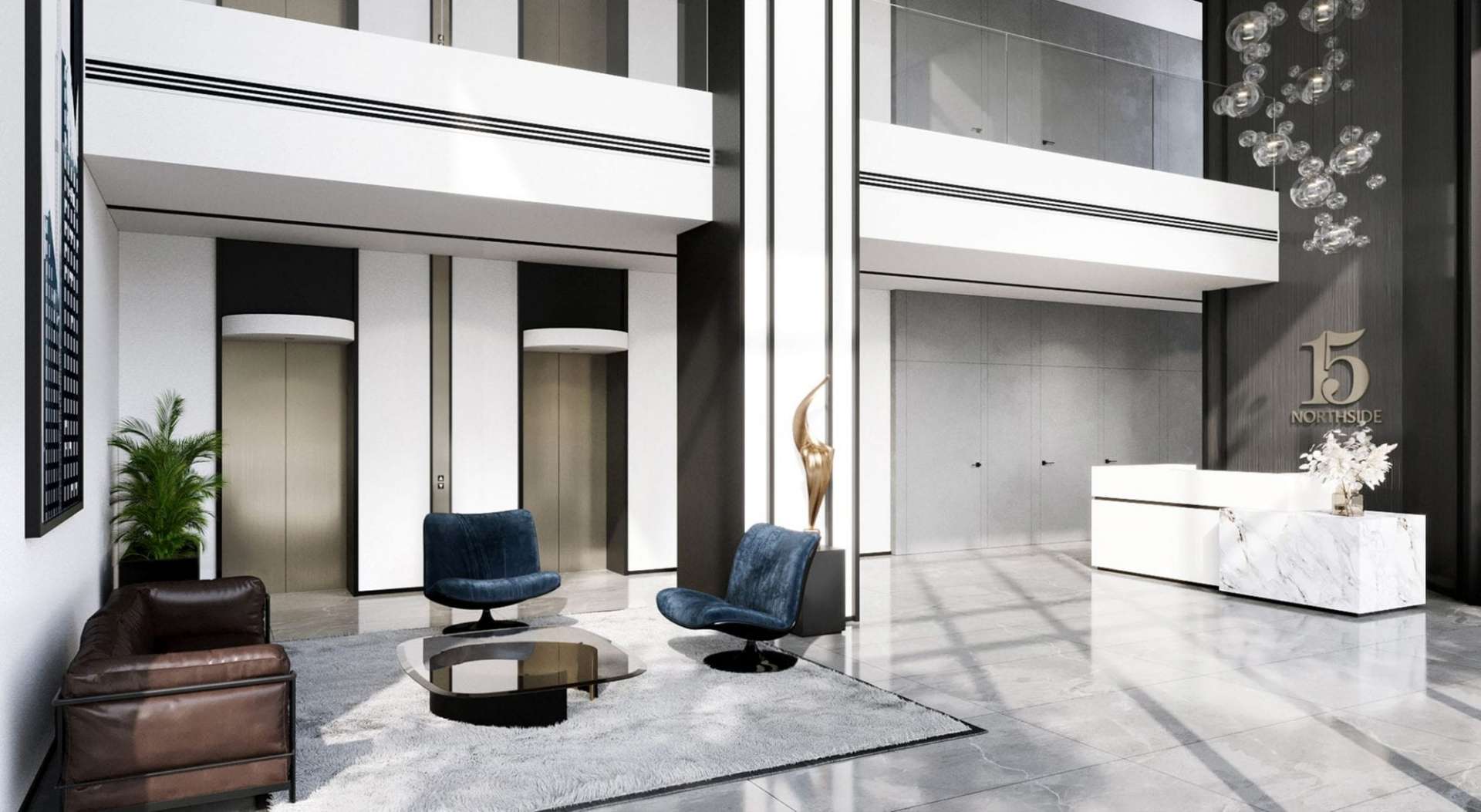 Modern lobby interior of 15 Northside, Business Bay apartment for sale, featuring elegant decor