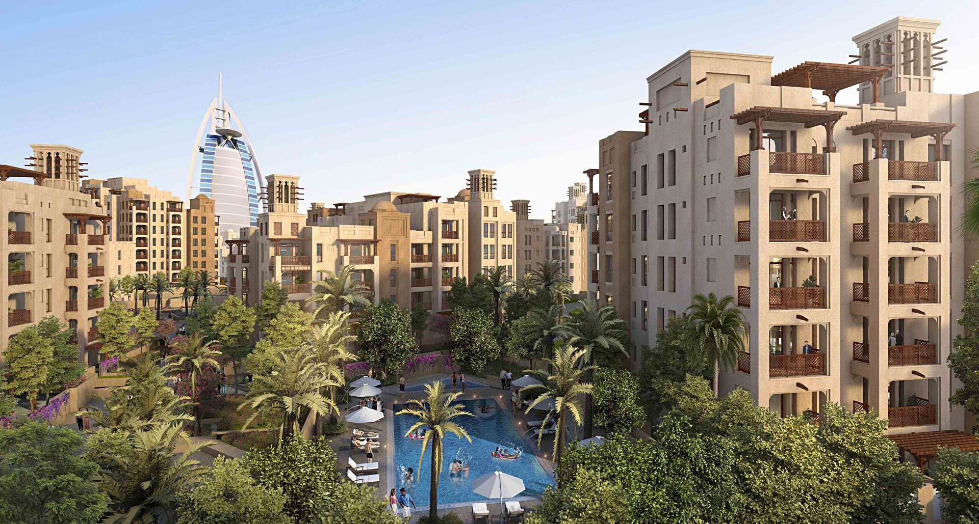View of Asayel 3 at Madinat Jumeirah Living with iconic skyline at dusk