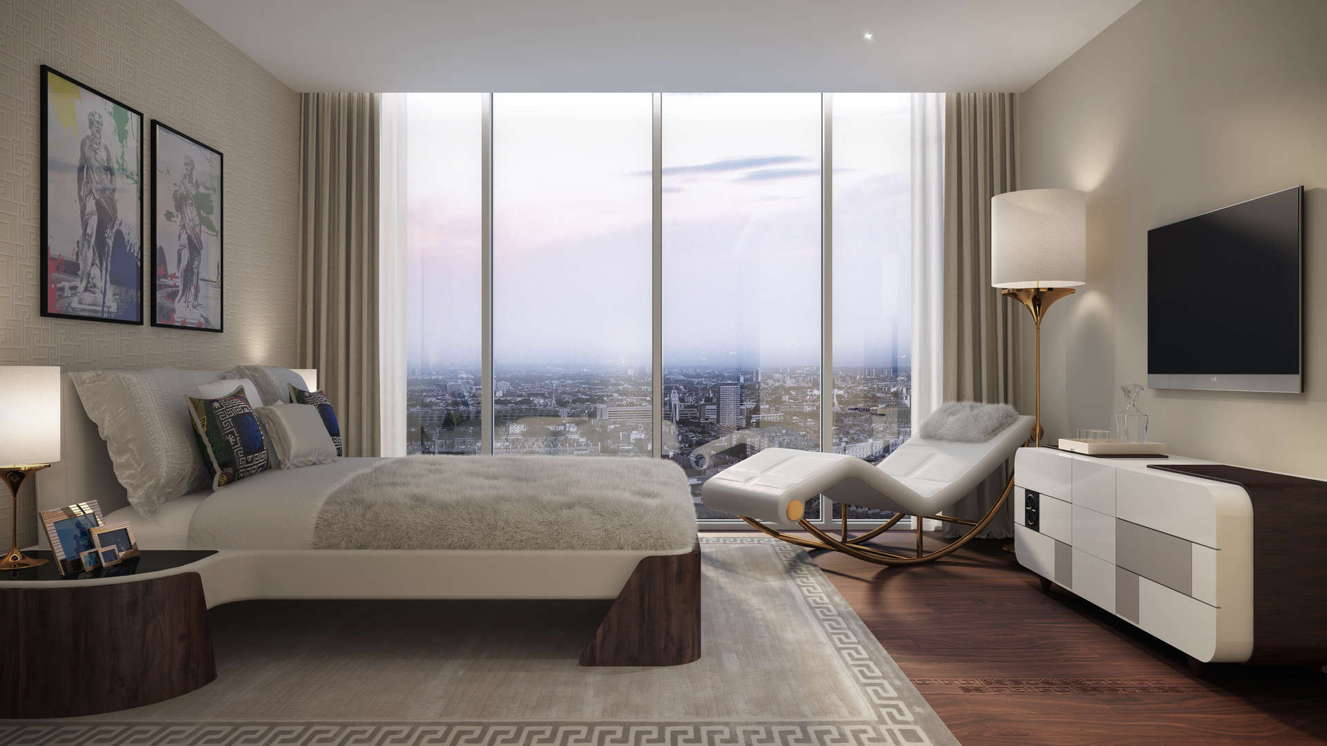 Modern living room with city view in Aykon Nine Elms, London apartment for sale
