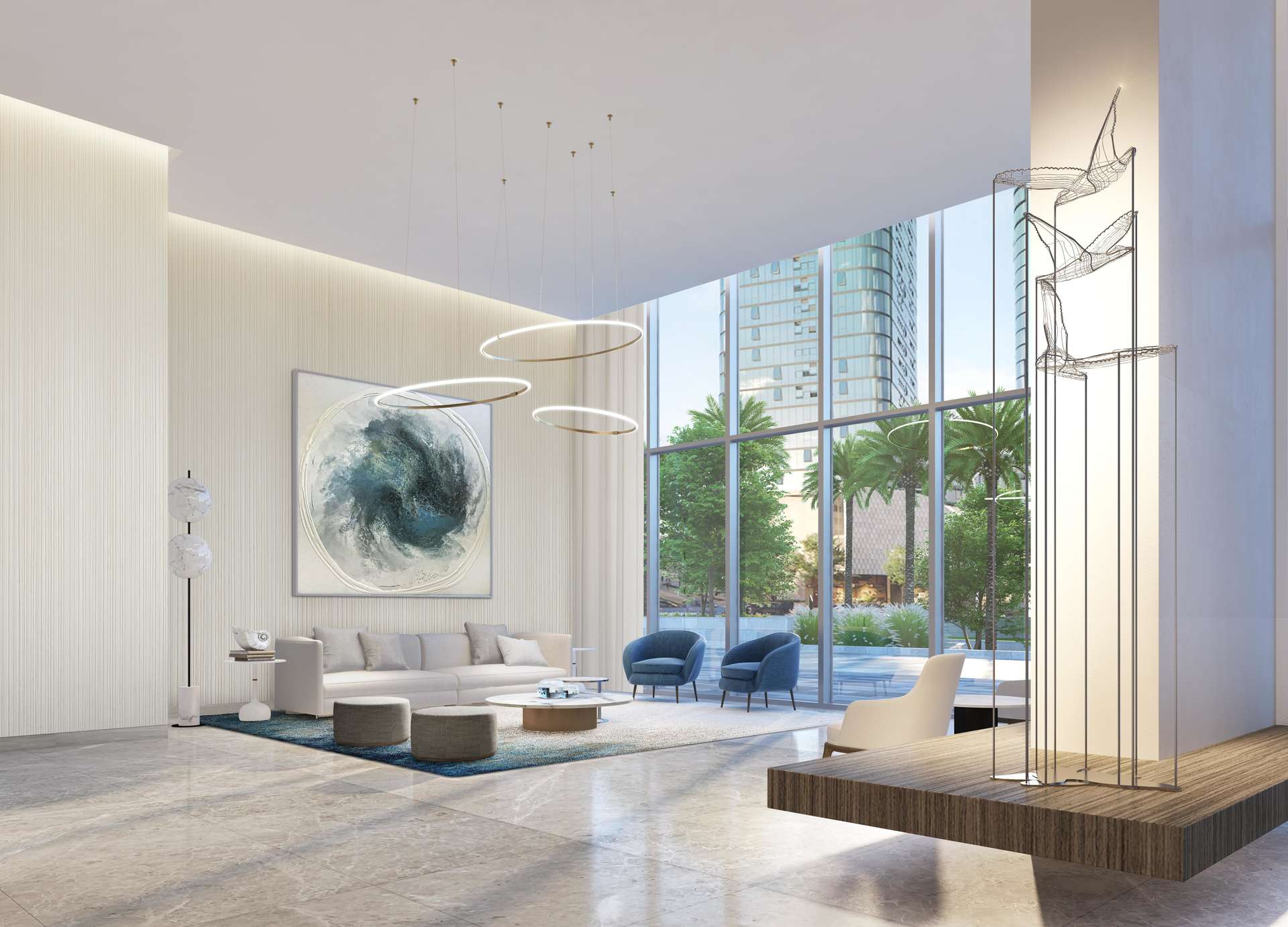 Modern living room in Emaar Beachfront apartment, Dubai Harbour, with stylish decor and large windows