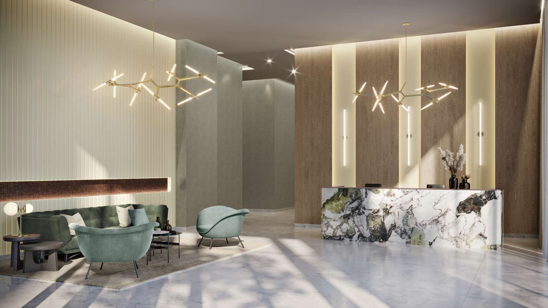 Luxurious lobby in Celadon apartment, City Walk, featuring modern decor and elegant lighting fixtures