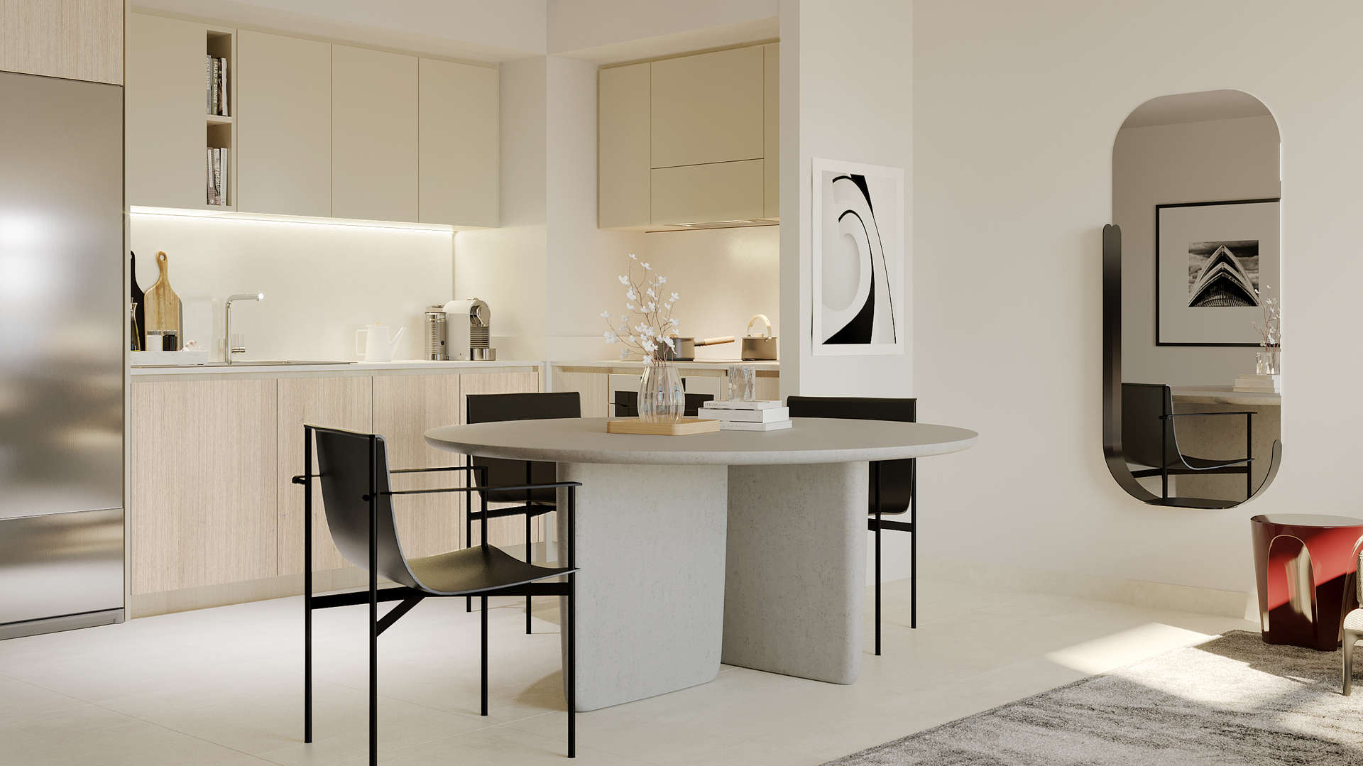 "Modern high-rise apartments in Creek Palace, Dubai Creek Harbour, with lush green park view.",Modern kitchen and dining area in Creek Palace apartment, Dubai Creek Harbour
