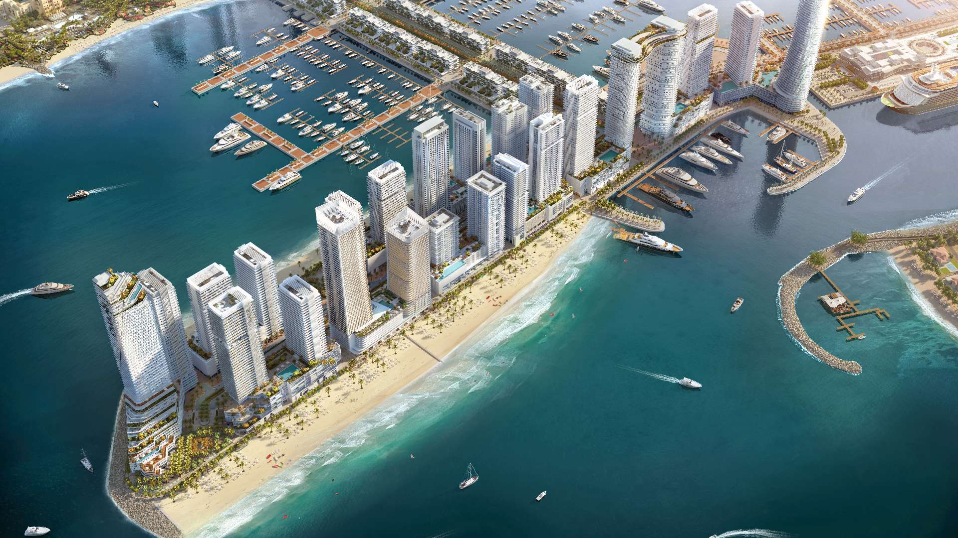 Aerial view of Marina Sands apartments at Emaar Beachfront, Dubai Harbour, near marina