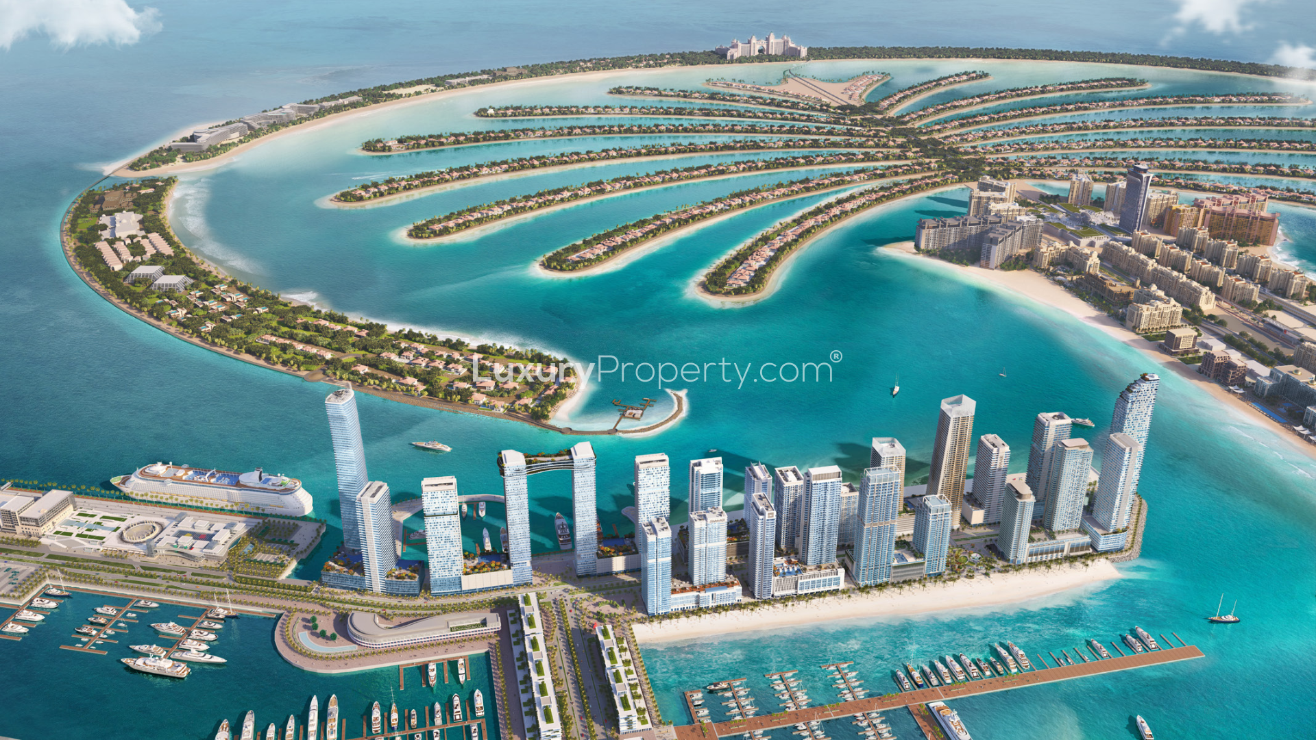 Aerial view of Emaar Beachfront apartments in Dubai Harbour with waterfront surroundings