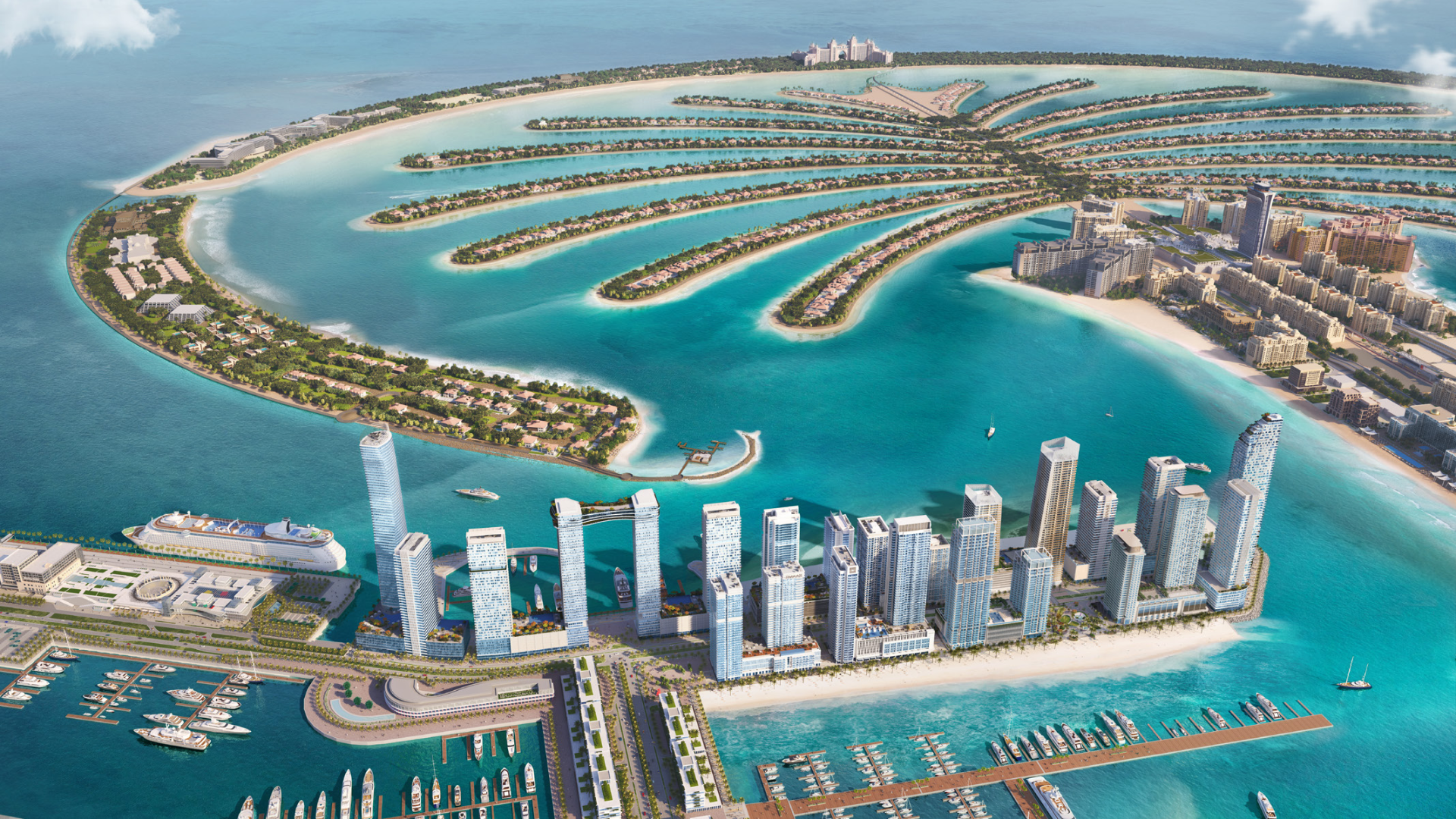 Aerial view of Dubai Harbour's Emaar Beachfront with luxury beachfront apartments and marina