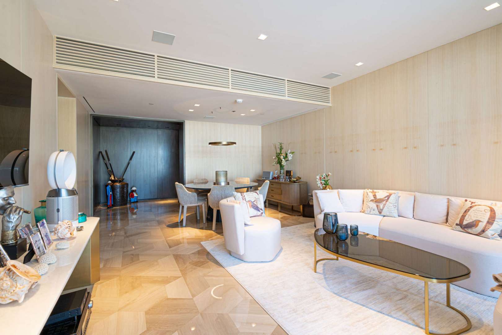 Hallway view in two-bedroom apartment, Palm Jumeirah, with elegant interior design and dining area