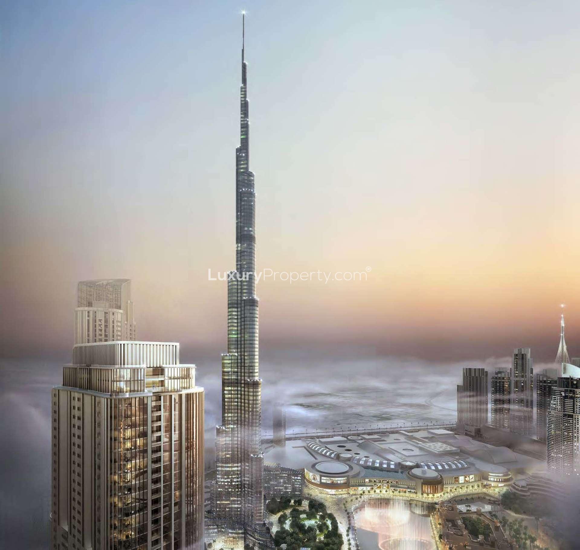 "Grande Signature Residences view with skyline at sunset, Downtown Dubai apartment for sale.","Grande Signature Residences view in Opera District, Downtown Dubai skyline at sunset.",Aerial view of Grande Signature Residences, Downtown Dubai skyline at sunset