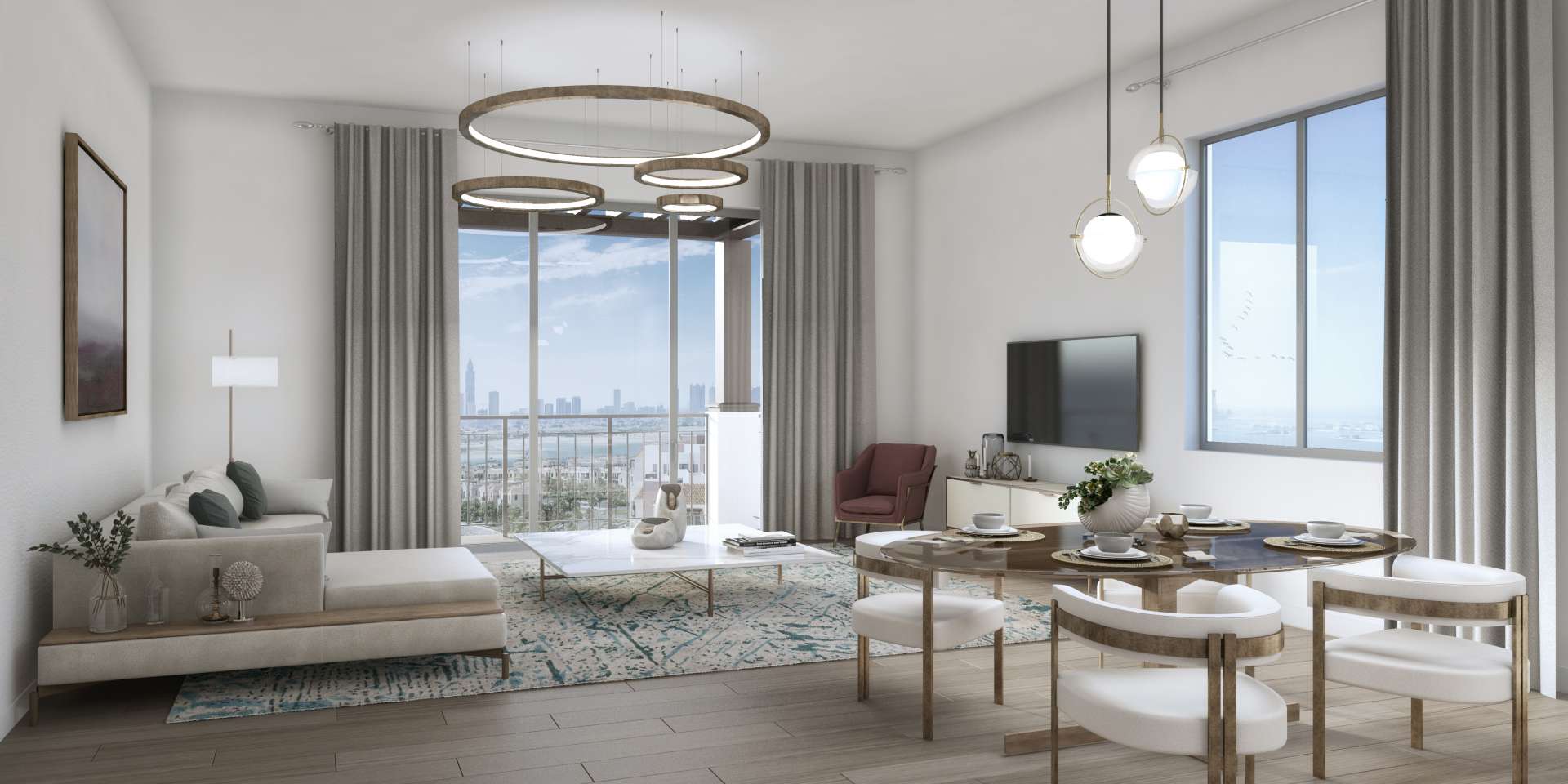 Balcony view of La Sirene Apartments at La Mer, Jumeirah with city skyline backdrop