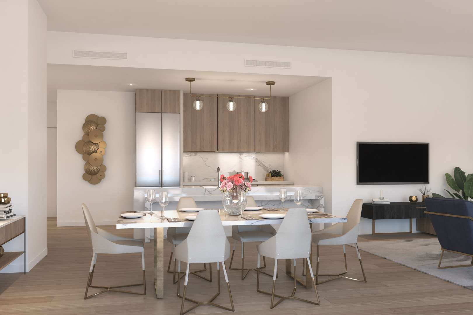 Modern beachfront apartment interior at La Mer, Jumeirah, Dubai with elegant dining and living area