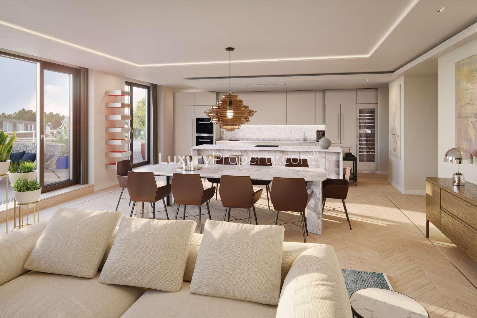 Modern living and dining area in Marylebone Square luxury apartment, Central London