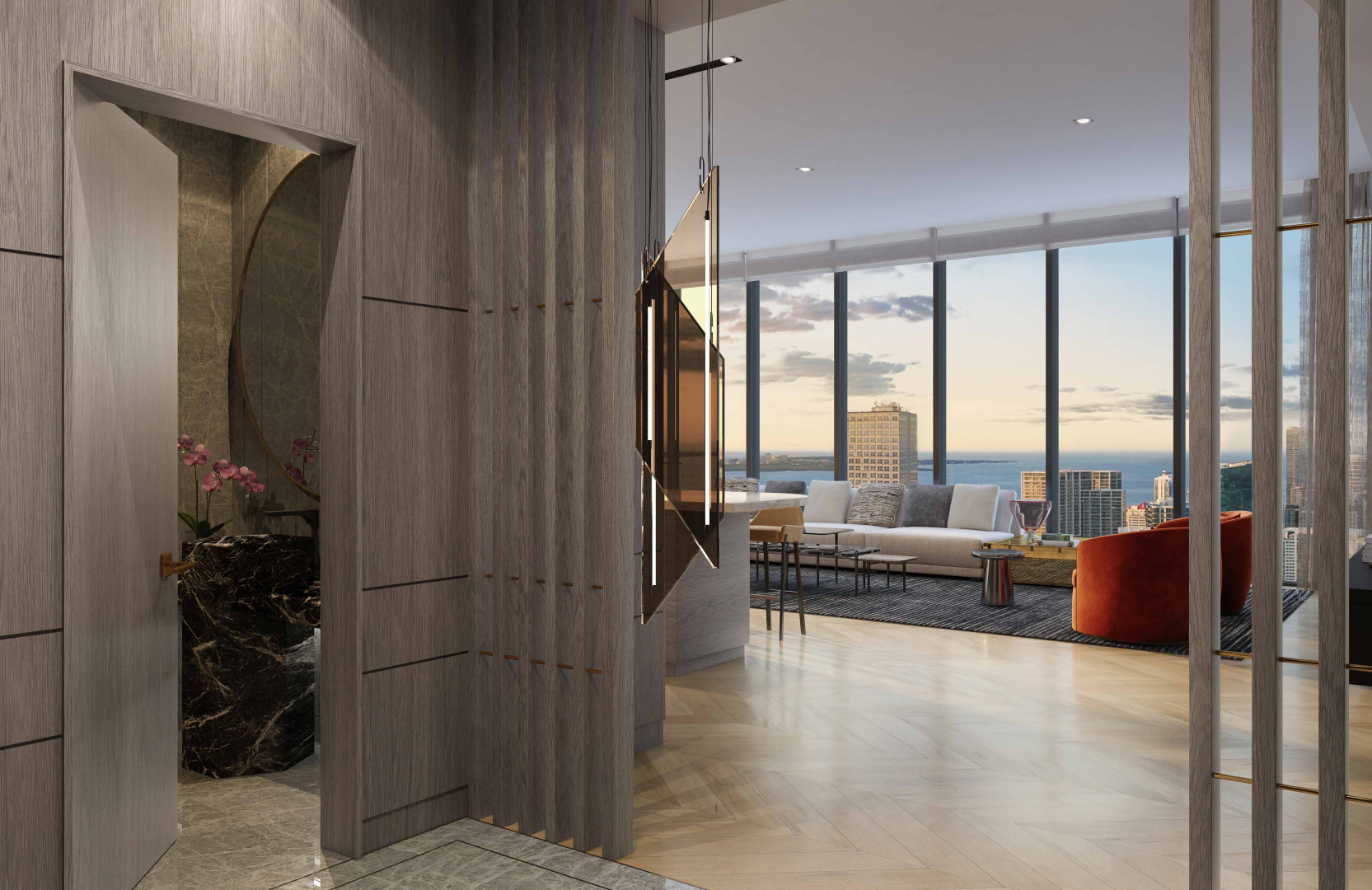 Aerial view of Miami skyline featuring luxury apartments, including Waldorf Astoria, at sunset