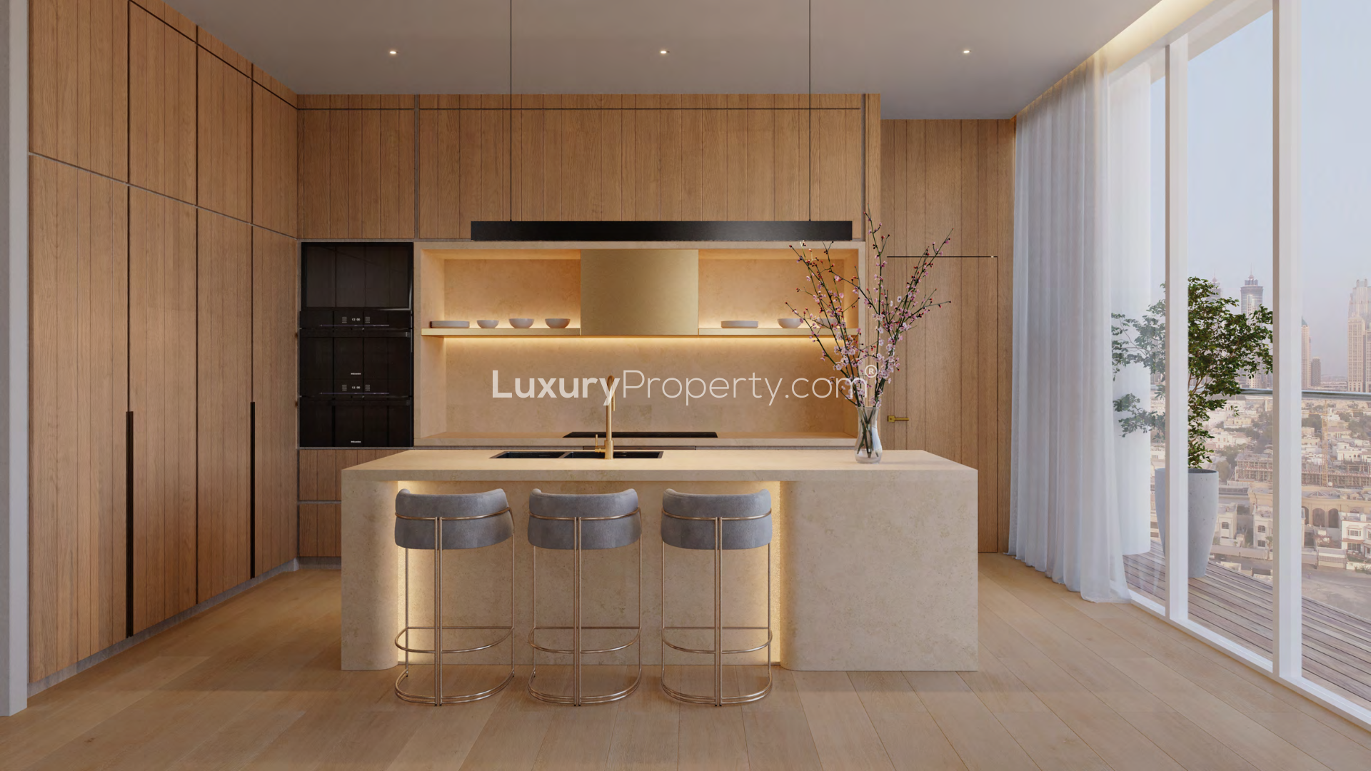 Modern luxury apartment lobby in Mr. C Residences, Jumeirah 2, with elegant decor