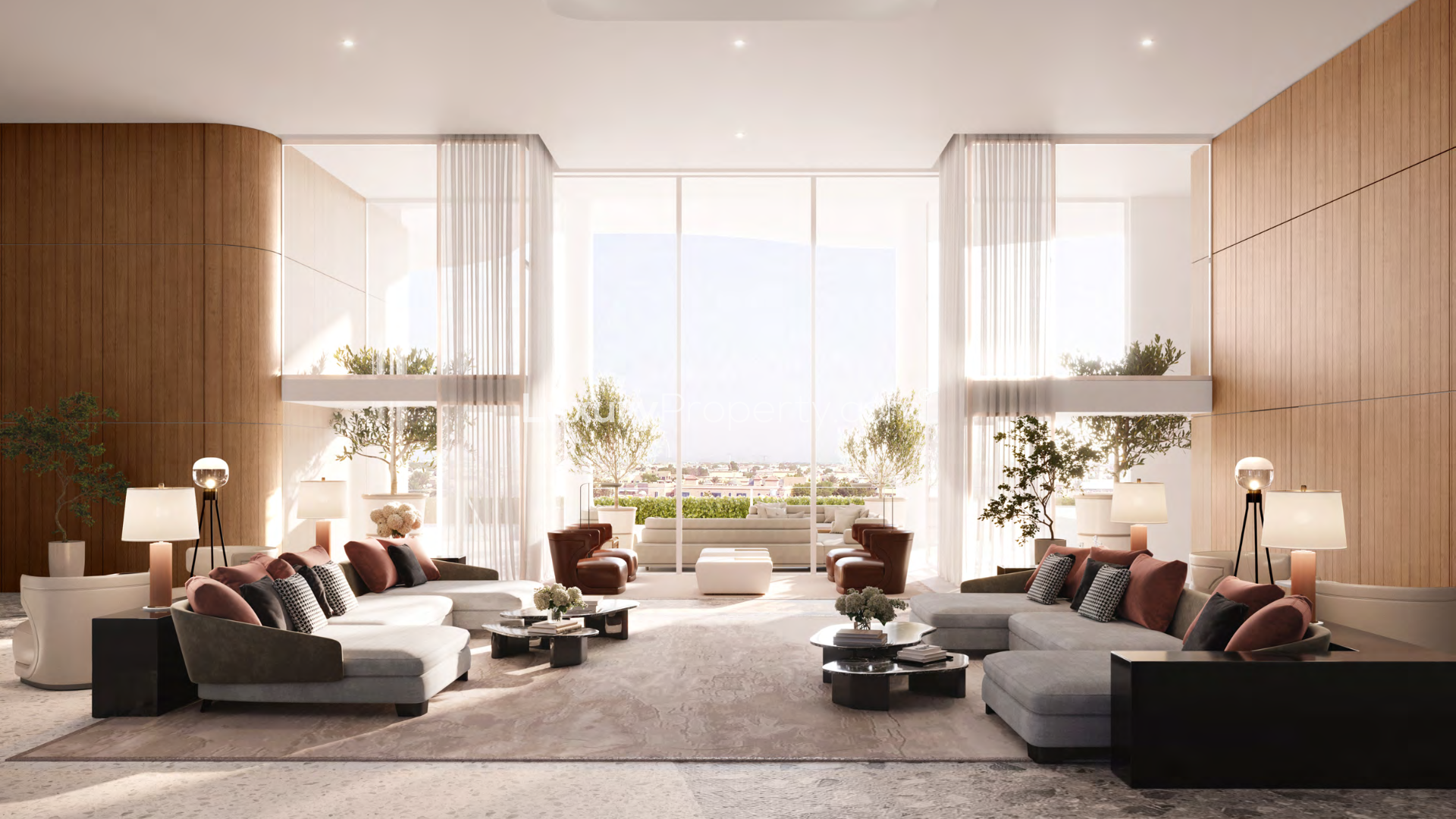 Luxurious waterfront view at Mr. C Residences in Jumeirah, Dubai with lush greenery