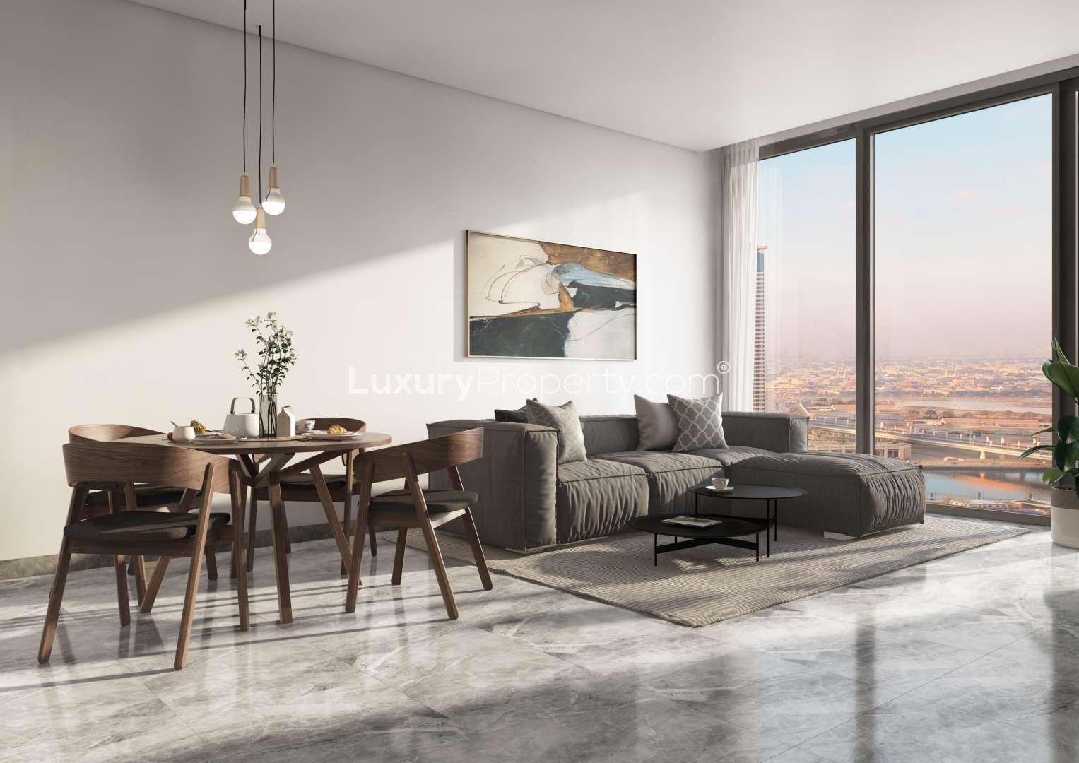 Modern bathroom in one-bedroom apartment, Peninsula One, Business Bay, sleek design, spacious shower